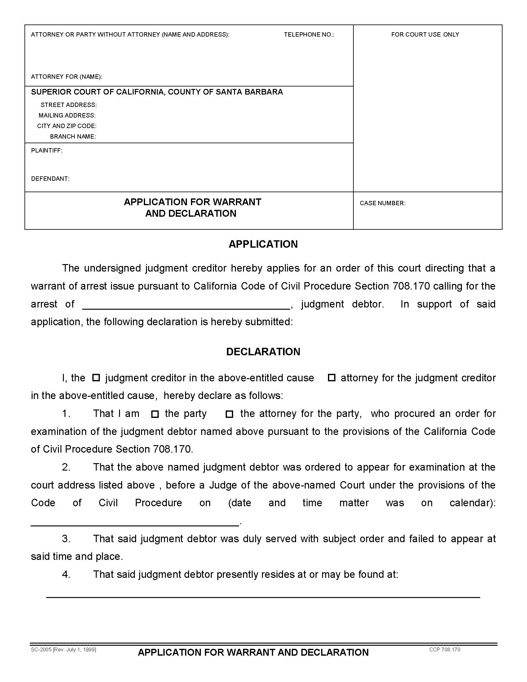 Application For Warrant And Declaration {SC-2005} | Pdf Fpdf Doc Docx | California