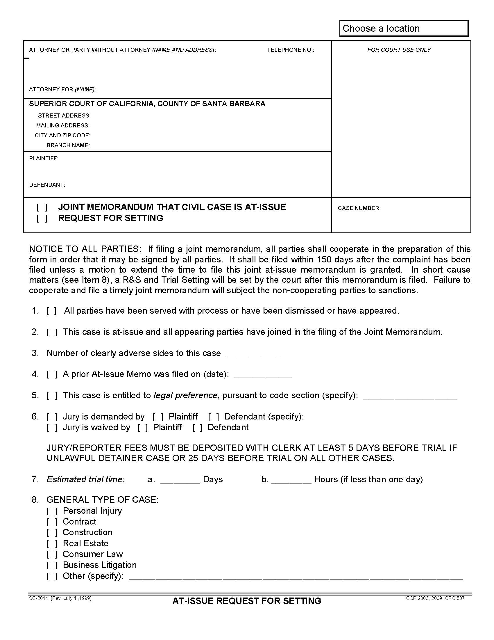 At Issue Request For Setting {SC-2014} | Pdf Fpdf Doc Docx | California