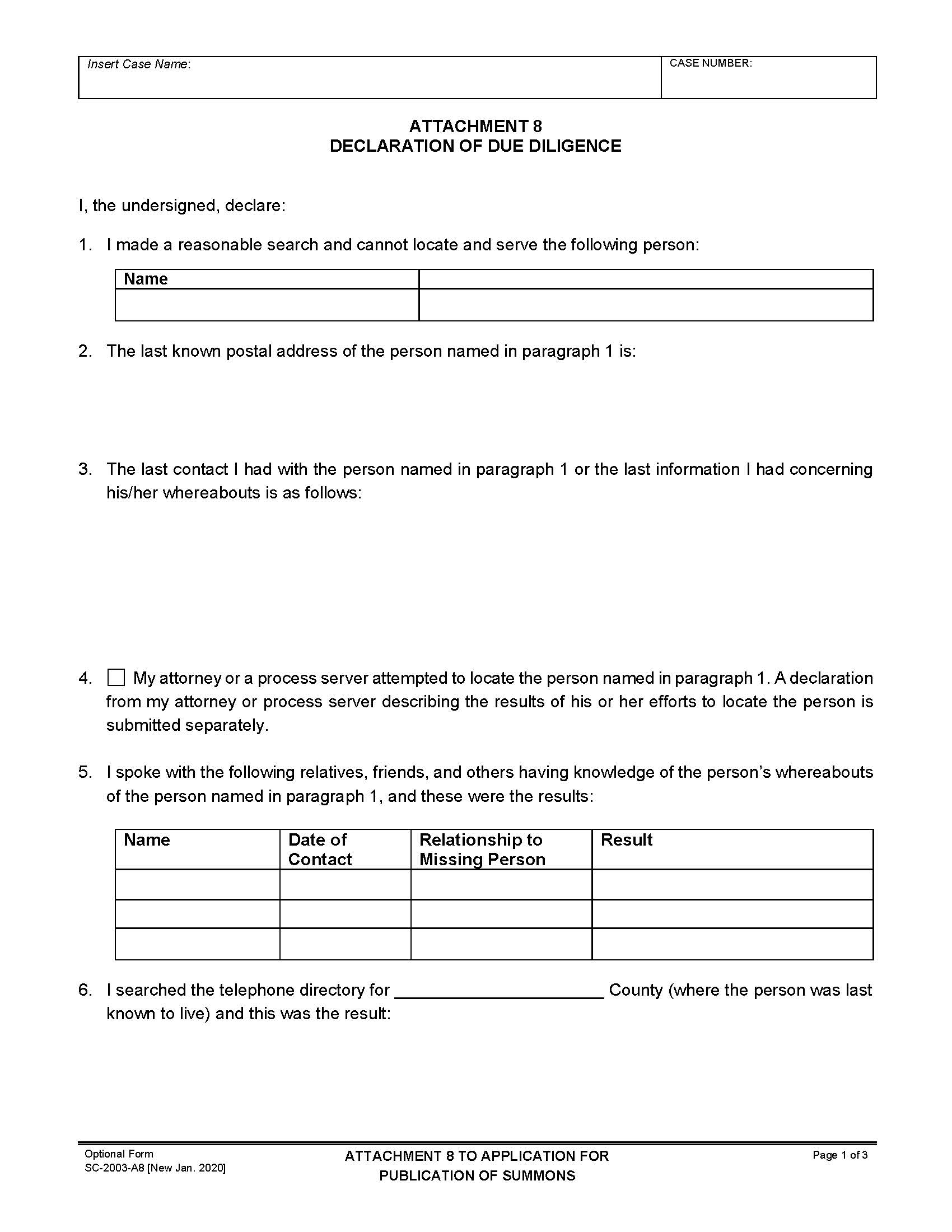 Attachment 8 Declaration Of Due Diligence {SC-2003-A8} | Pdf Fpdf Docx | California