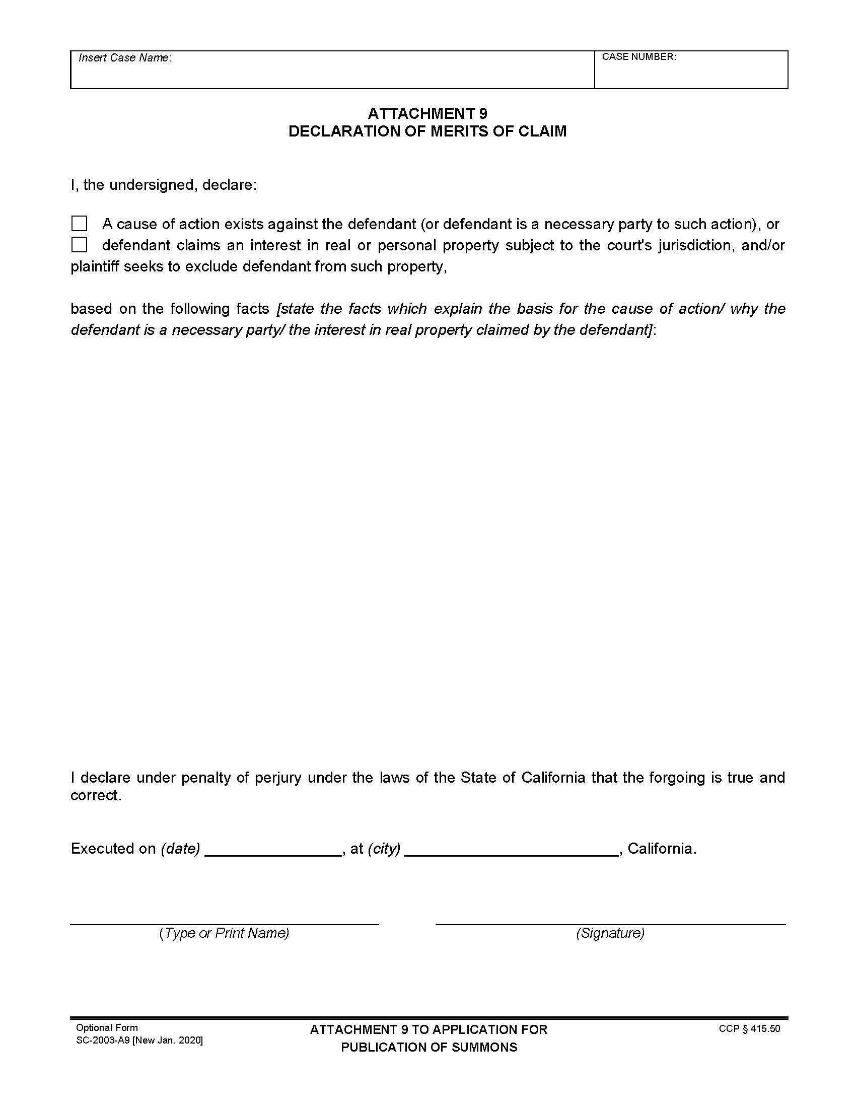 Attachment 9 Declaration Of Merits Of Claim {SC-2003-A9} | Pdf Fpdf Docx | California