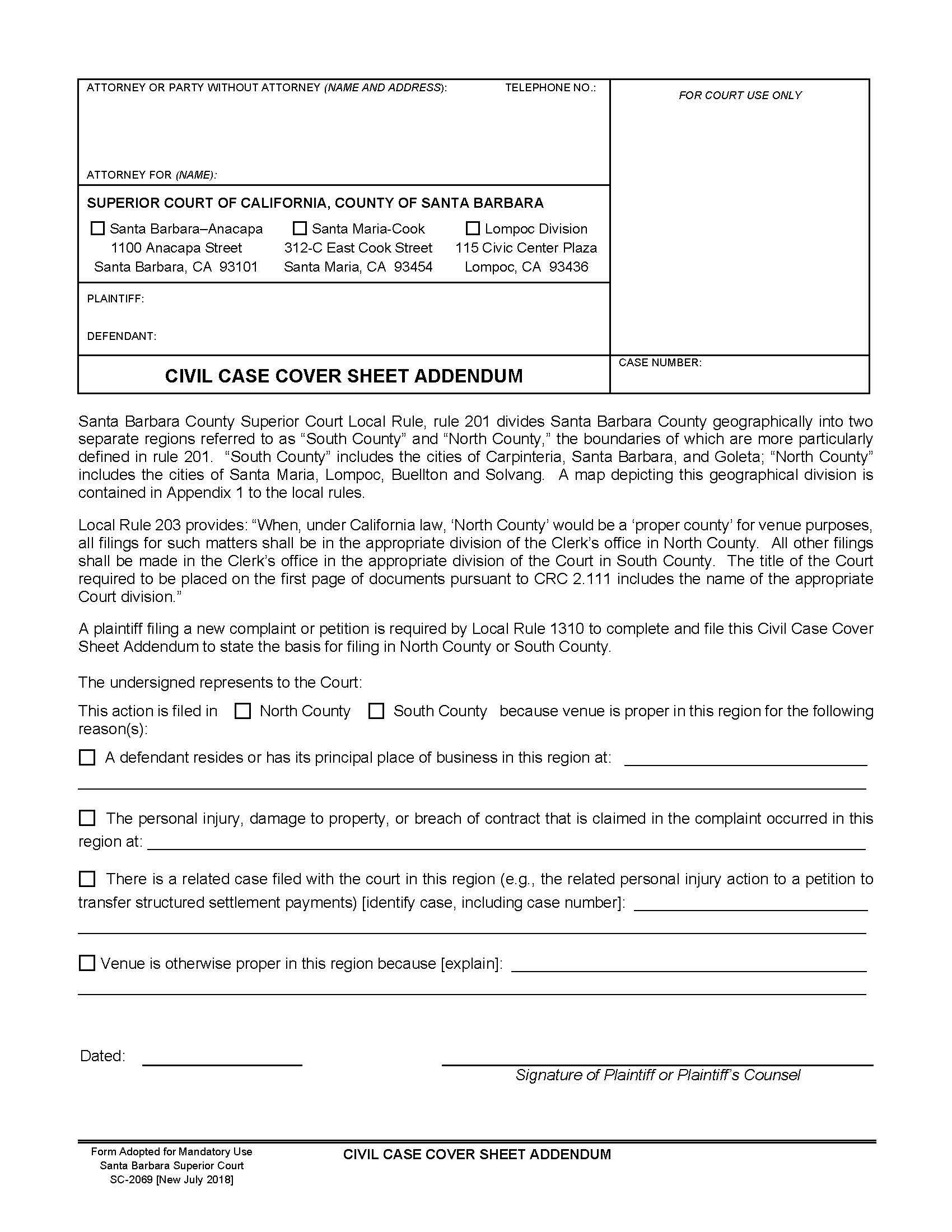 Civil Case Cover Sheet Addendum {SC-2069} | Pdf Fpdf Docx | California