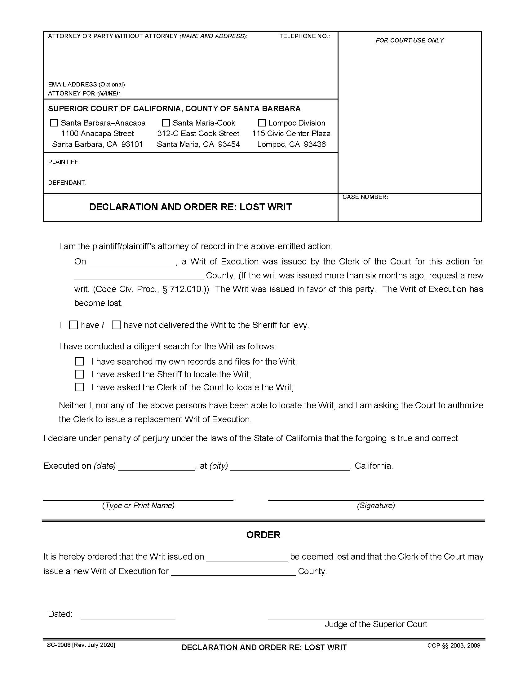 Declaration And Order Re Lost Writ {SC-2008} | Pdf Fpdf Doc Docx | California