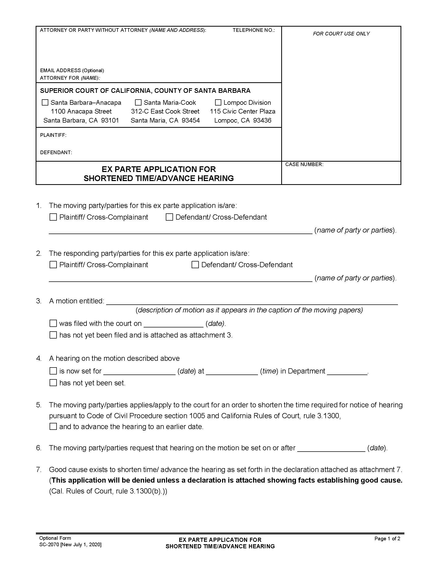 Ex Parte Application For Shortened Time-Advance Hearing {SC-2070} | Pdf Fpdf Docx | California