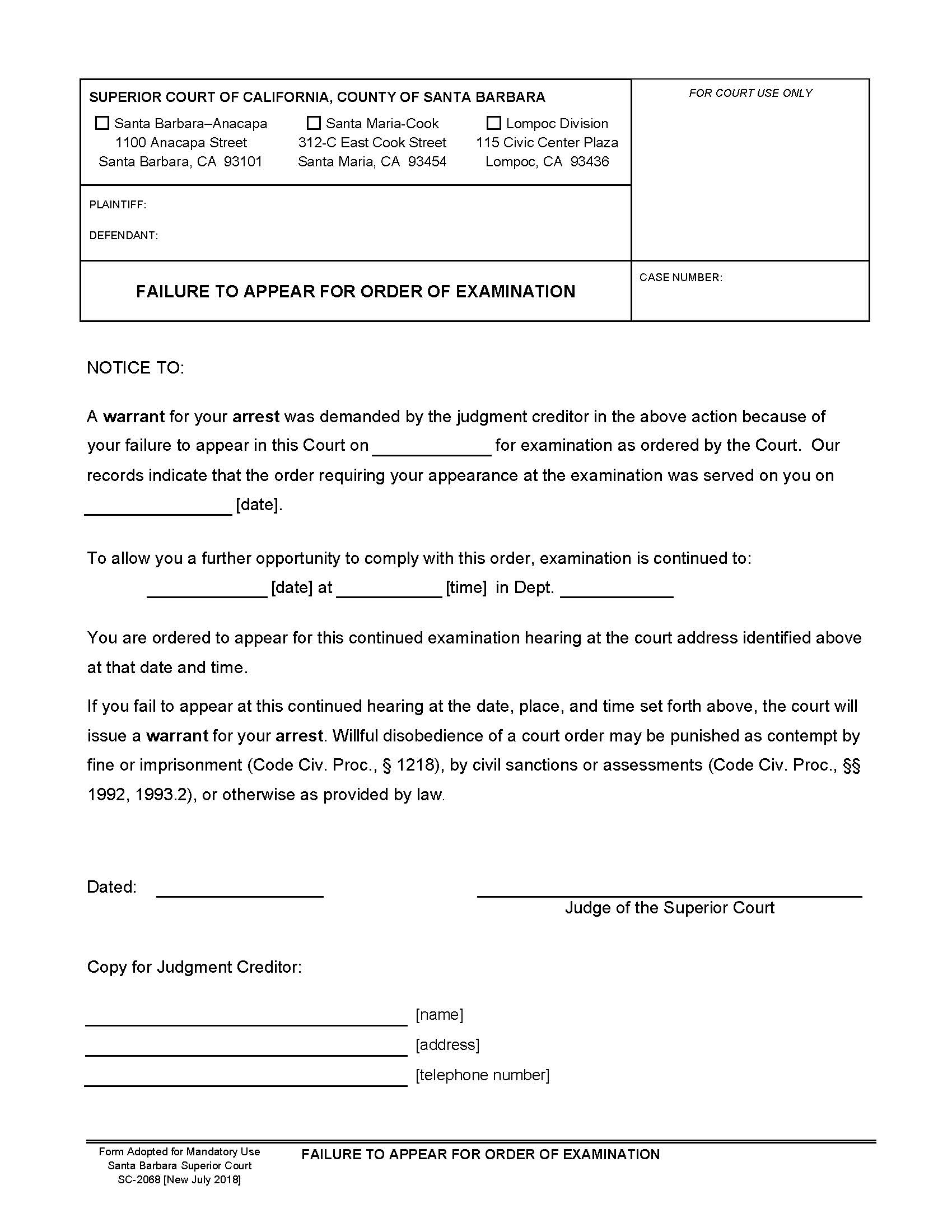Failure To Appear For Order Of Examination {SC-2068} | Pdf Fpdf Docx | California