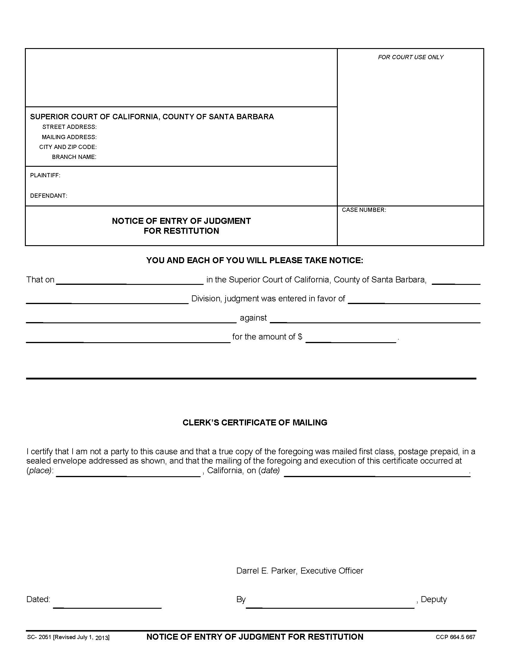 Notice Of Entry Of Judgment For Restitution {SC-2051} | Pdf Fpdf Doc Docx | California