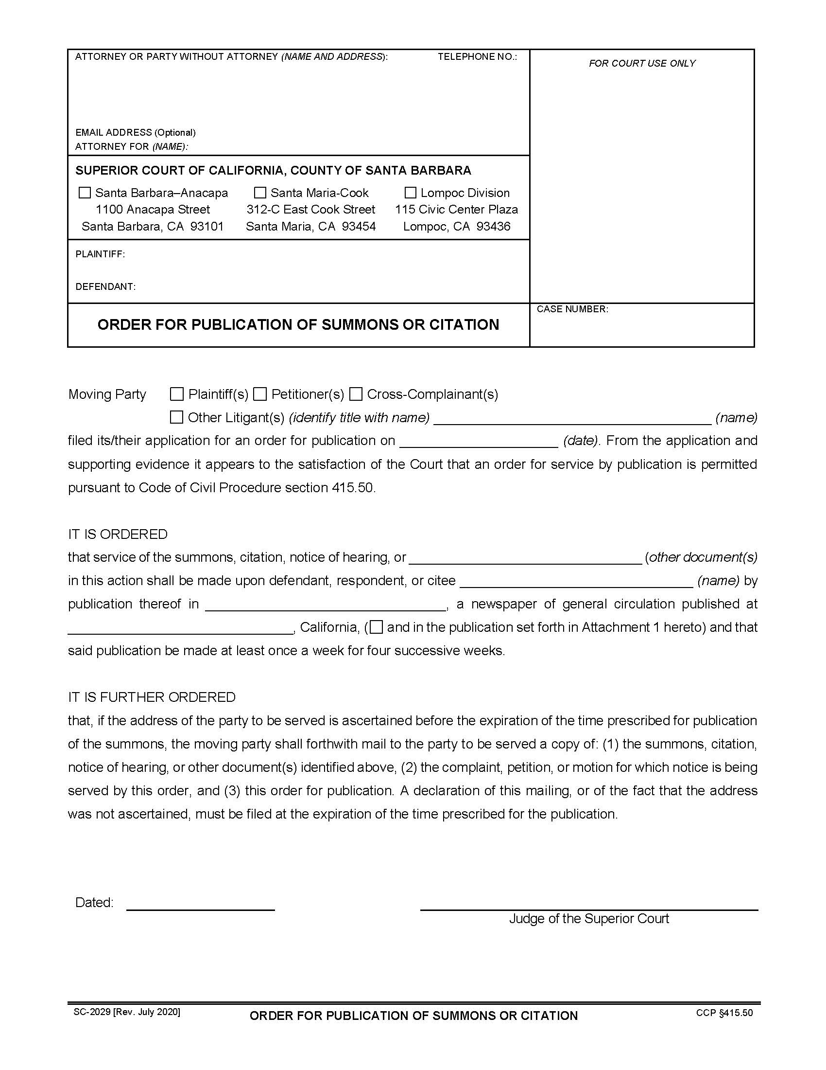 Order For Publication Of Summons Or Citation {SC-2029} | Pdf Fpdf Doc Docx | California