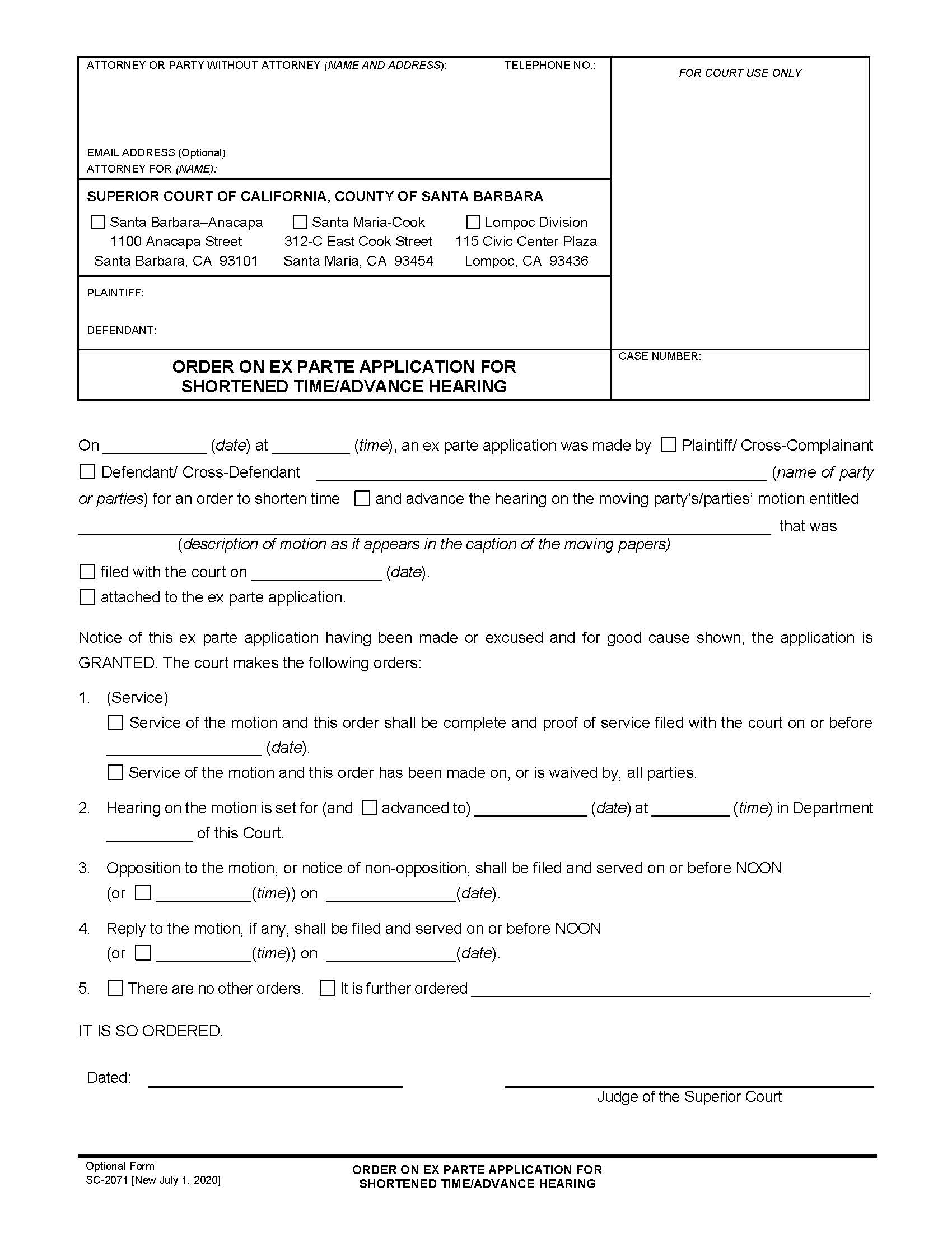 Order On Ex Parte Application For Shortened Time-Advance Hearing {SC-2071} | Pdf Fpdf Docx | California