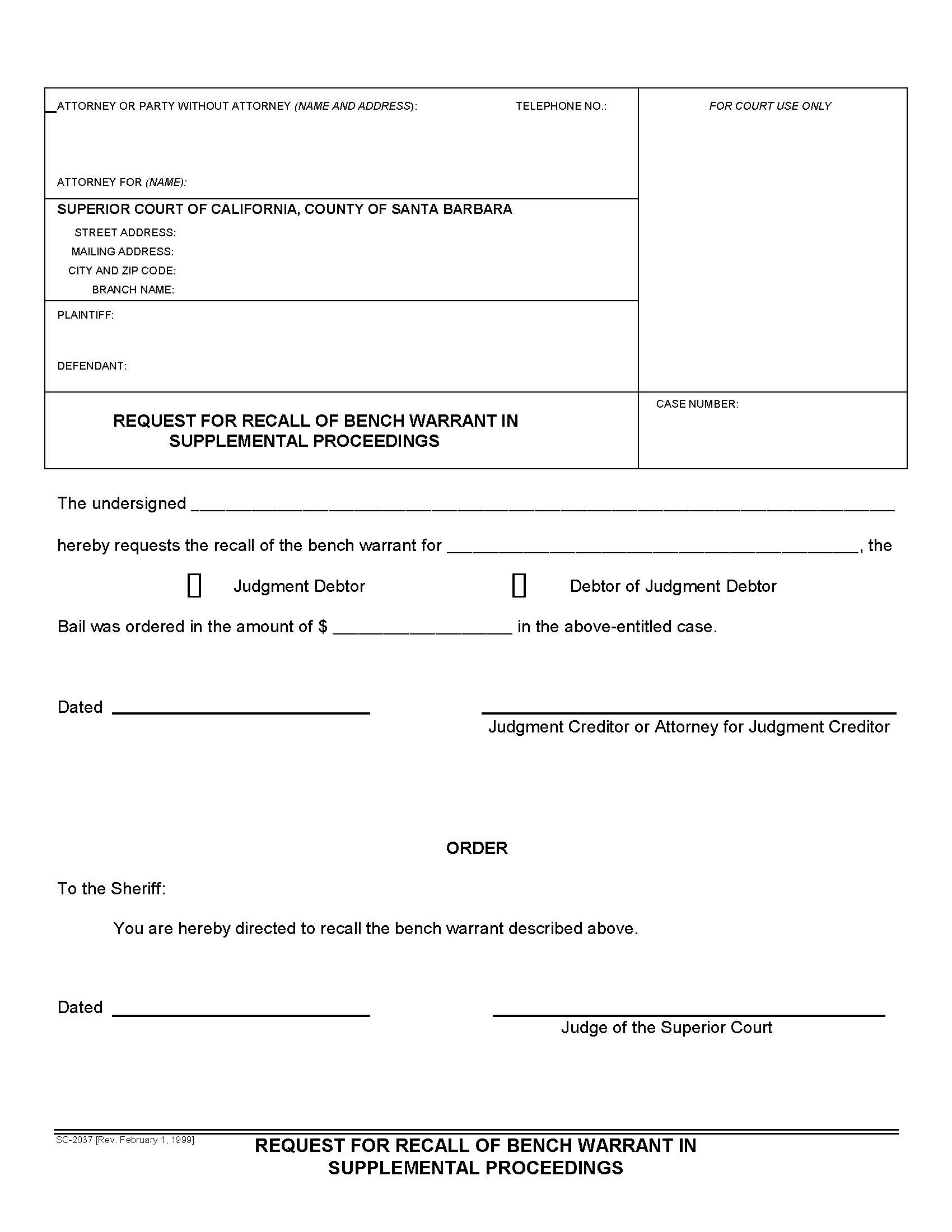 Request For Recall Of Bench Warrant In Supplemental Proceedings {SC-2037} | Pdf Fpdf Doc Docx | California