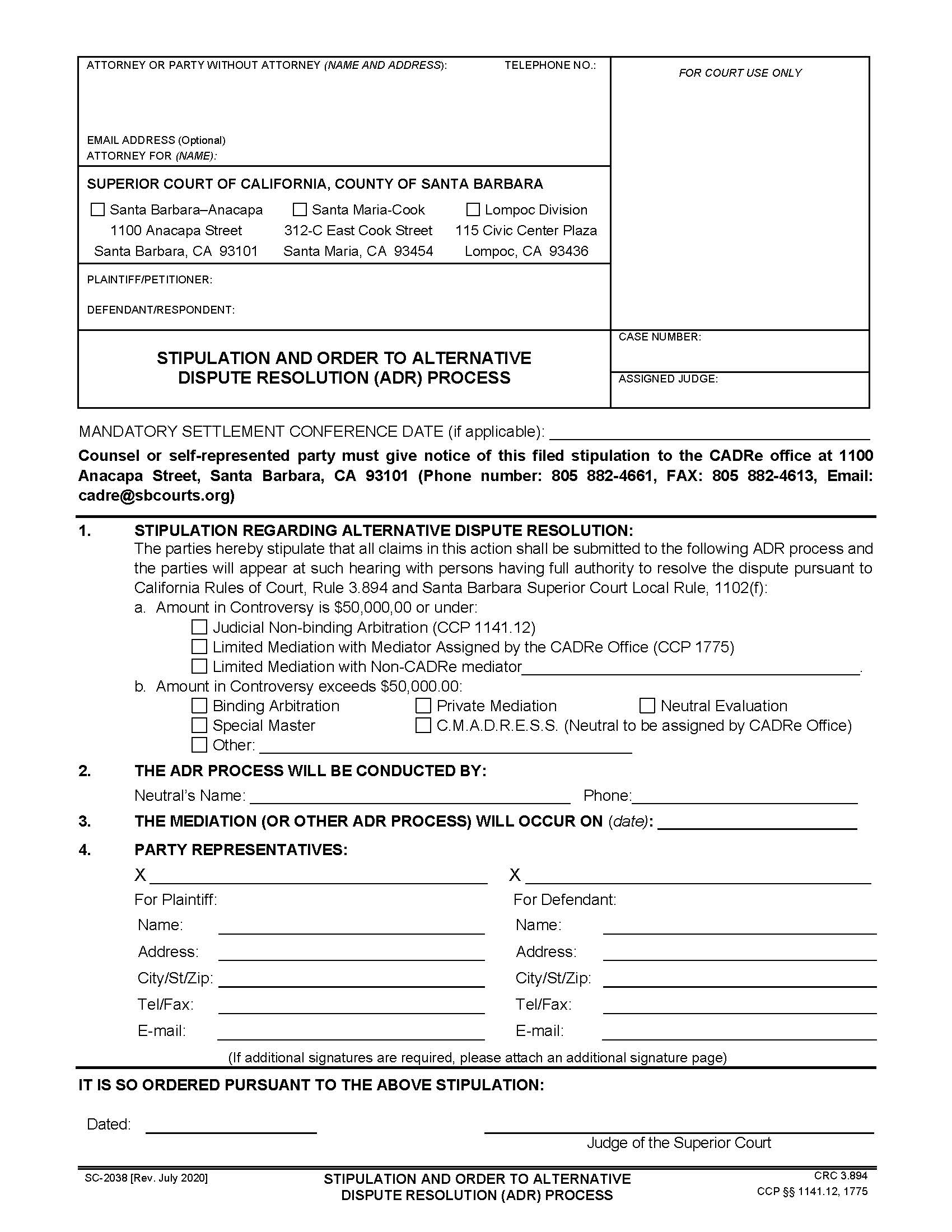 Stipulation And Order To Alternative Dispute Resolution (ADR) Process {SC-2038} | Pdf Fpdf Doc Docx | California