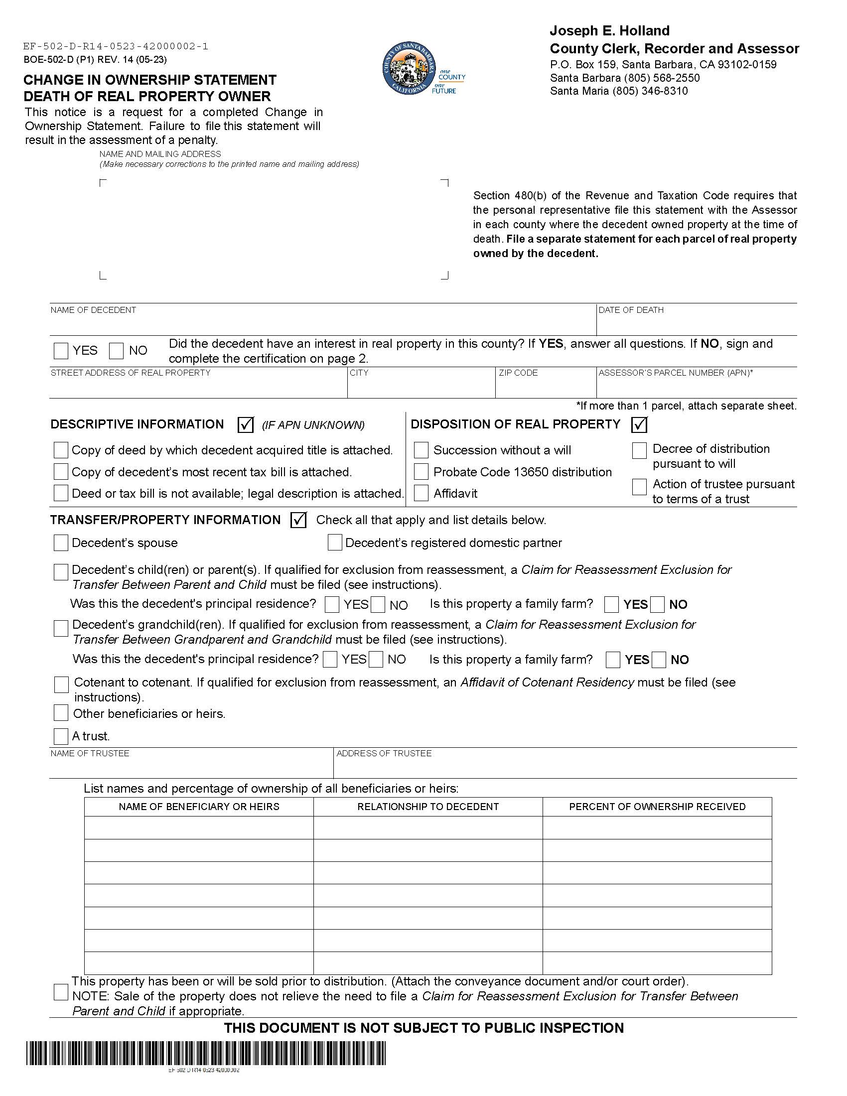 Change In Ownership Statement Death Of Real Property Owner (Santa Barbara) {BOE-502-D} | Pdf Fpdf Docx | California