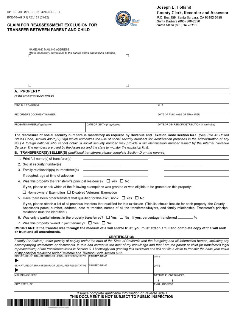Claim For Reassessment Exclusion For Transfer Between Parent And Child (Before 02-16-21) (Santa Barbara) {BOE-58-AH} | Pdf Fpdf Docx | California