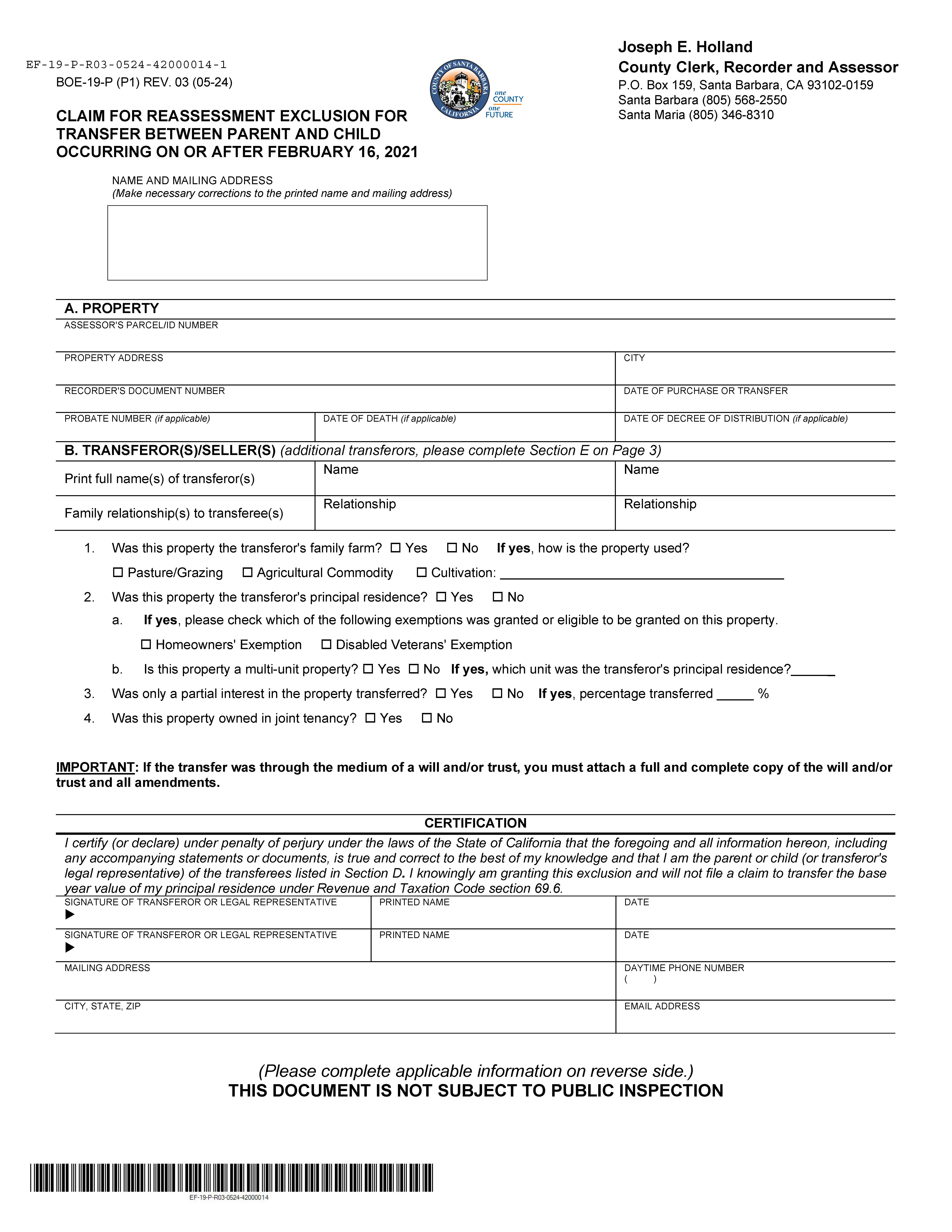 Claim For Reassessment Exclusion For Transfer Between Parent And Child (Santa Barbara) {BOE-19-P} | Pdf Fpdf Docx | California