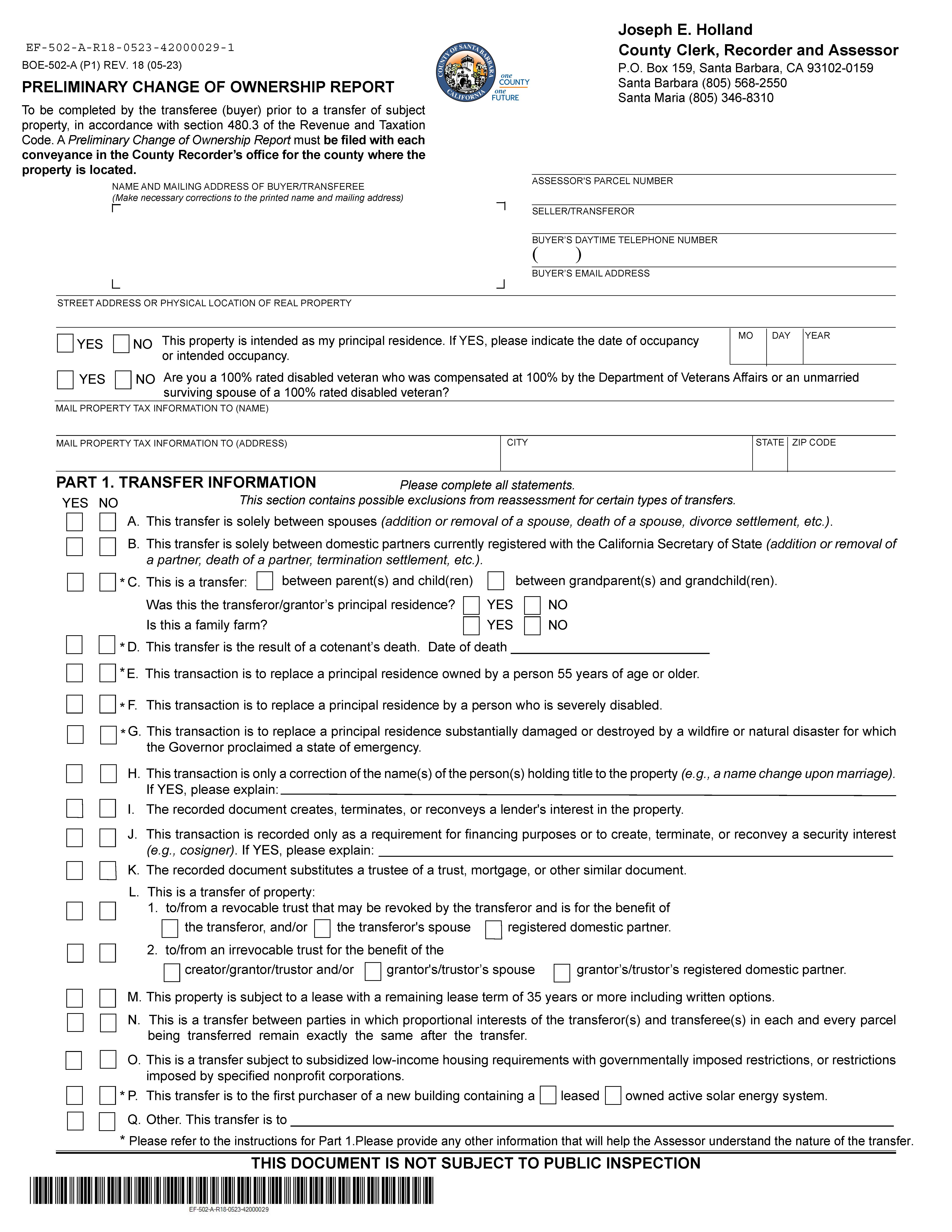 Preliminary Change Of Ownership Report (Santa Barbara) {BOE-502-A} | Pdf Fpdf Docx | California