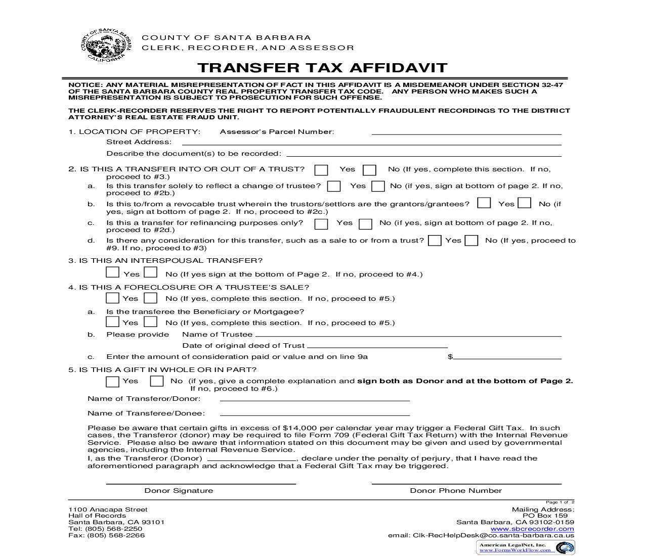 Transfer Tax Affidavit (Santa Barbara) | Pdf Fpdf Doc Docx | California