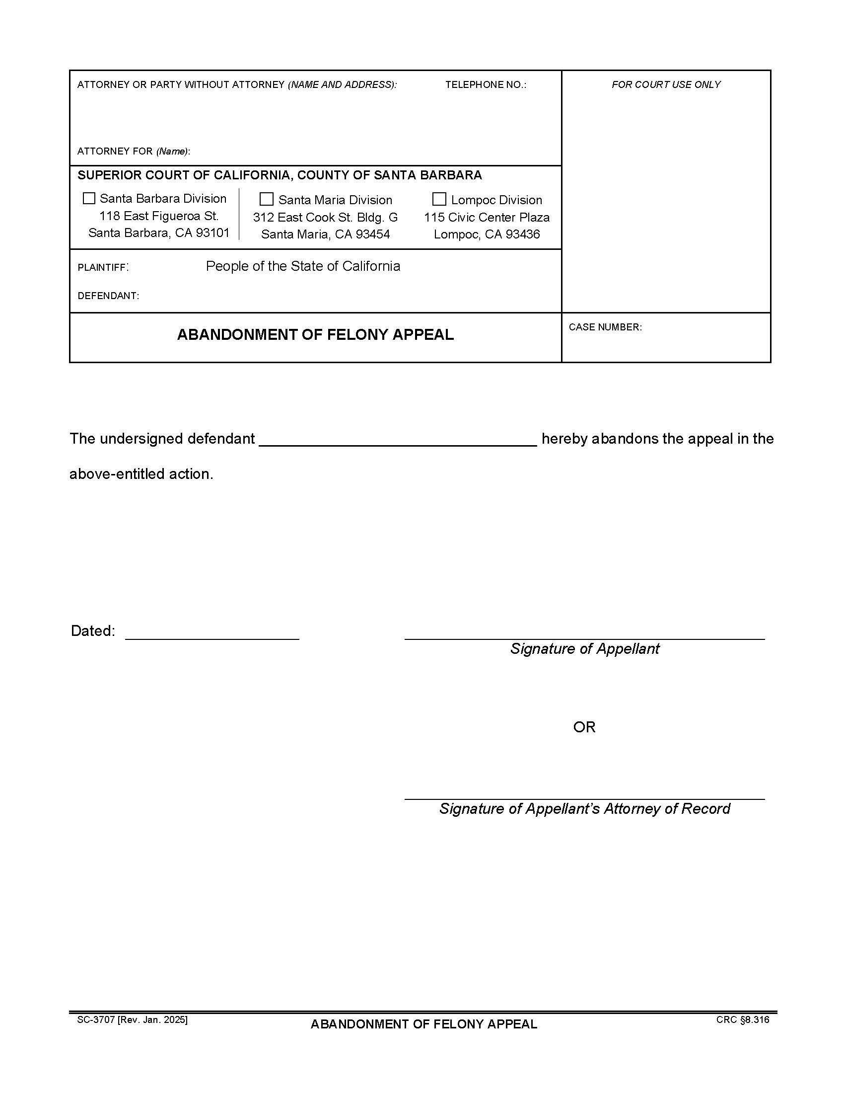 Abandonment Of Appeal {SC-3707} | Pdf Fpdf Doc Docx | California