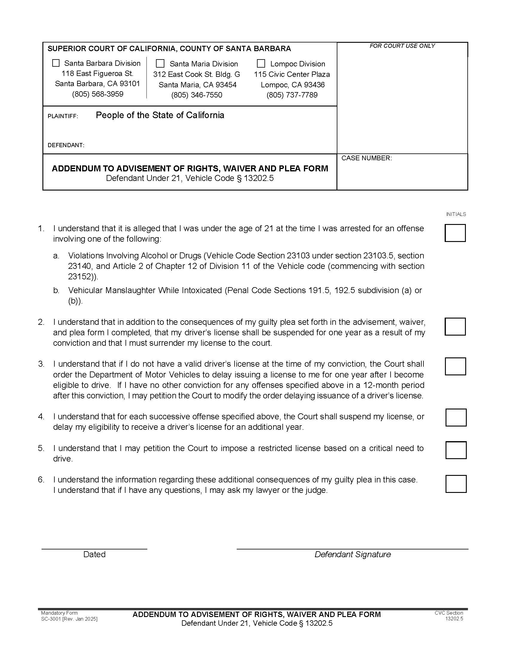 Addendum To Advisement, Waiver And Plea Form CVC 1302.5 {SC-3001} | Pdf Fpdf Doc Docx | California