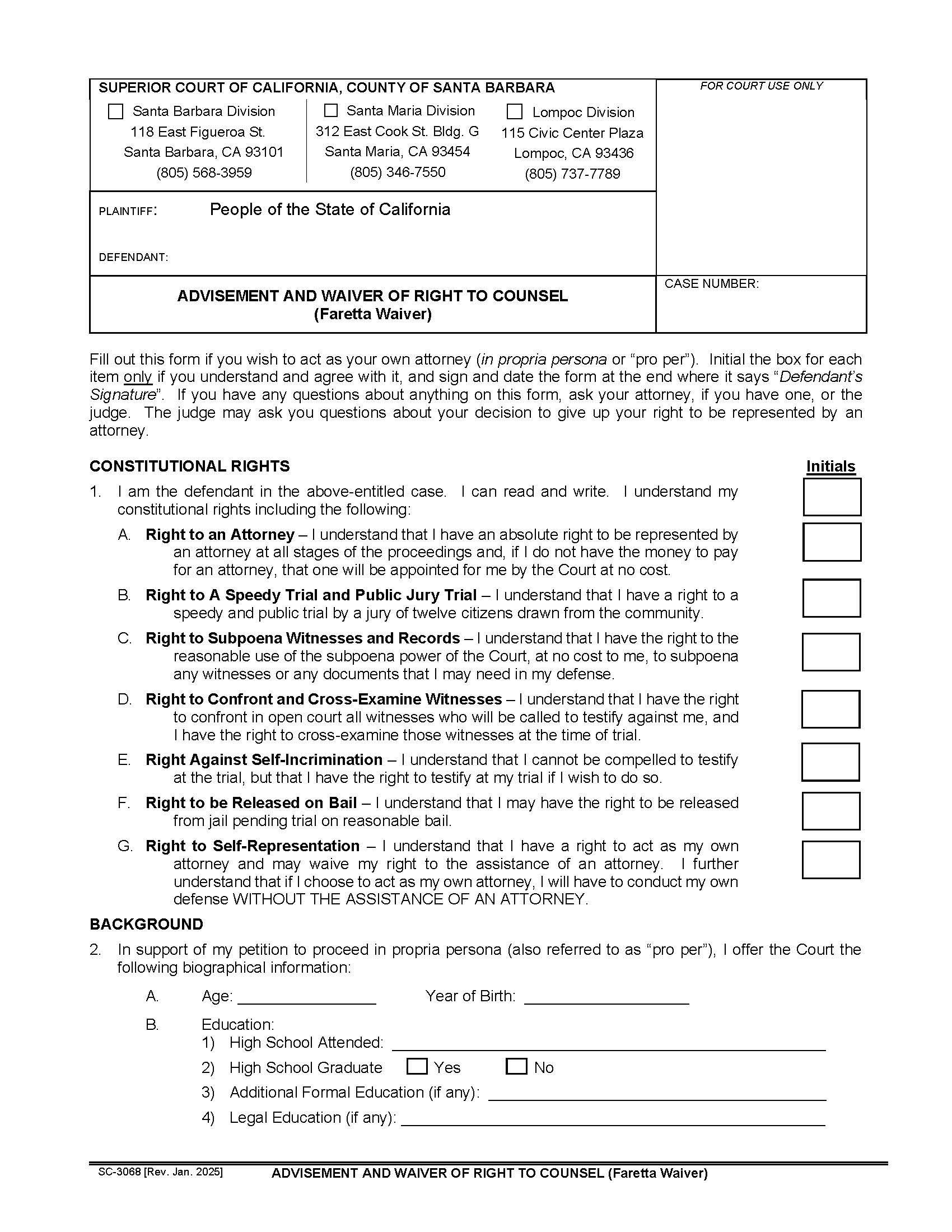 Advisement And Waiver Of Right To Counsel (Faretta Waiver) (Criminal) {SC-3068} | Pdf Fpdf Doc Docx | California