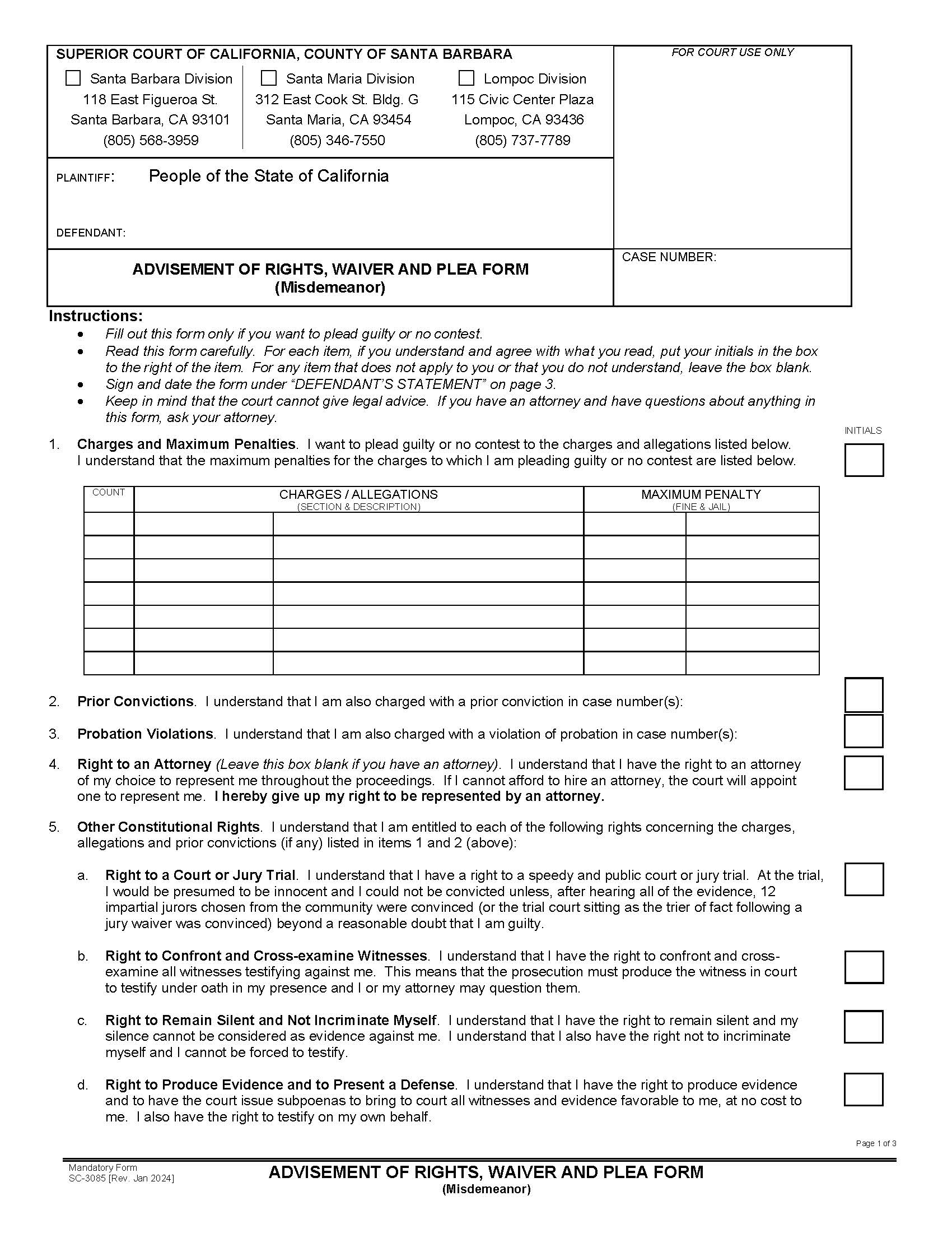Advisement Of Rights Waiver And Plea Form (Misdemeanor) {SC-3085} | Pdf Fpdf Docx | California