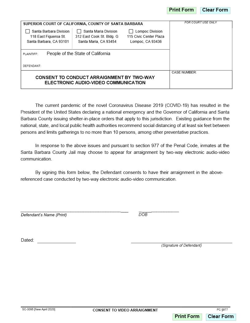 Consent To Conduct Arraignment By Two-Way Electronic Audio-Video Communication {SC-3095} | Pdf Fpdf Docx | California