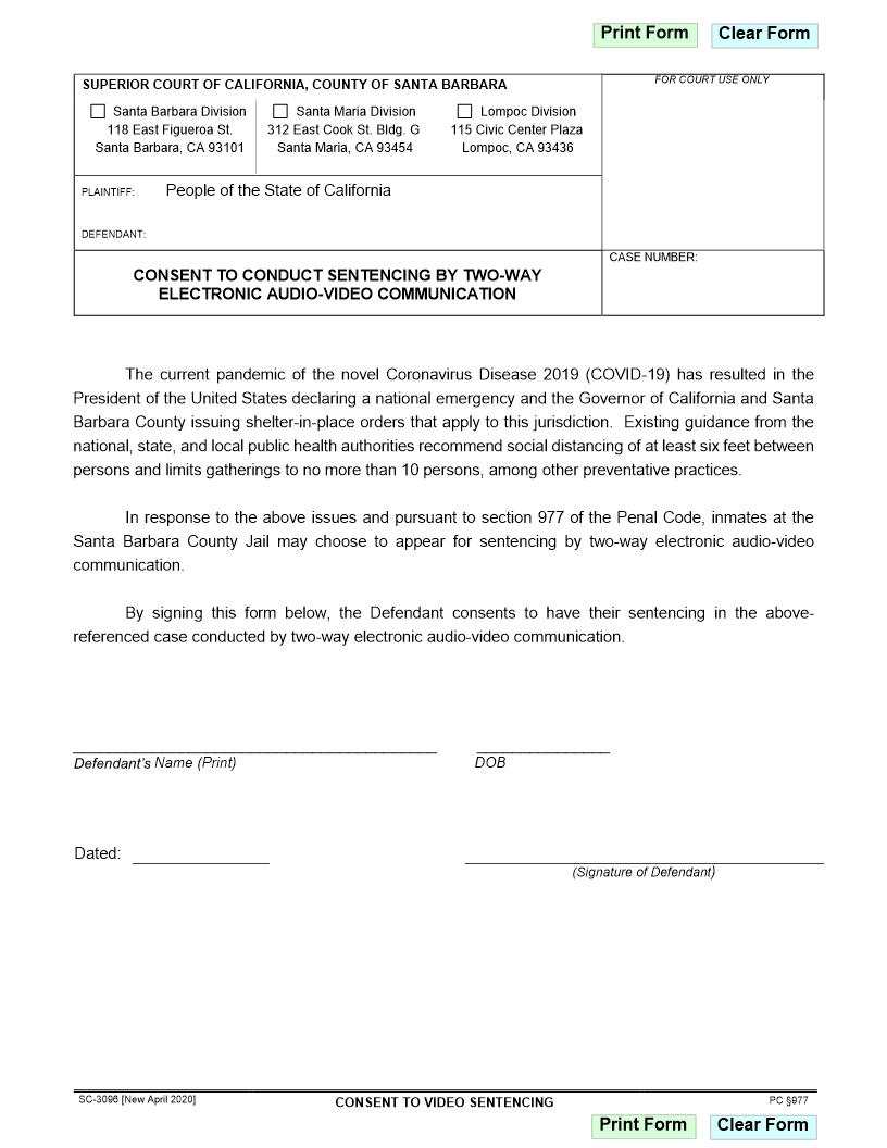 Consent To Conduct Sentencing By Two-Way Electronic Audio-Video Communication {SC-3096} | Pdf Fpdf Docx | California