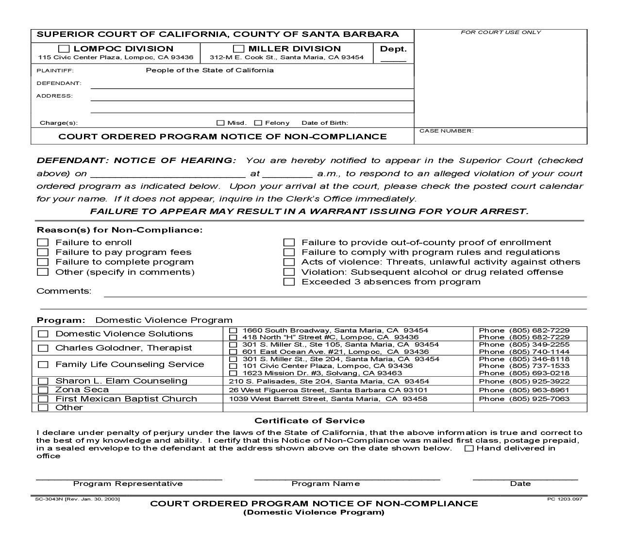 Court Ordered Program Notice Of Non-Compliance (Domestic Violence Program) {SC-3043N} | Pdf Fpdf Doc Docx | California