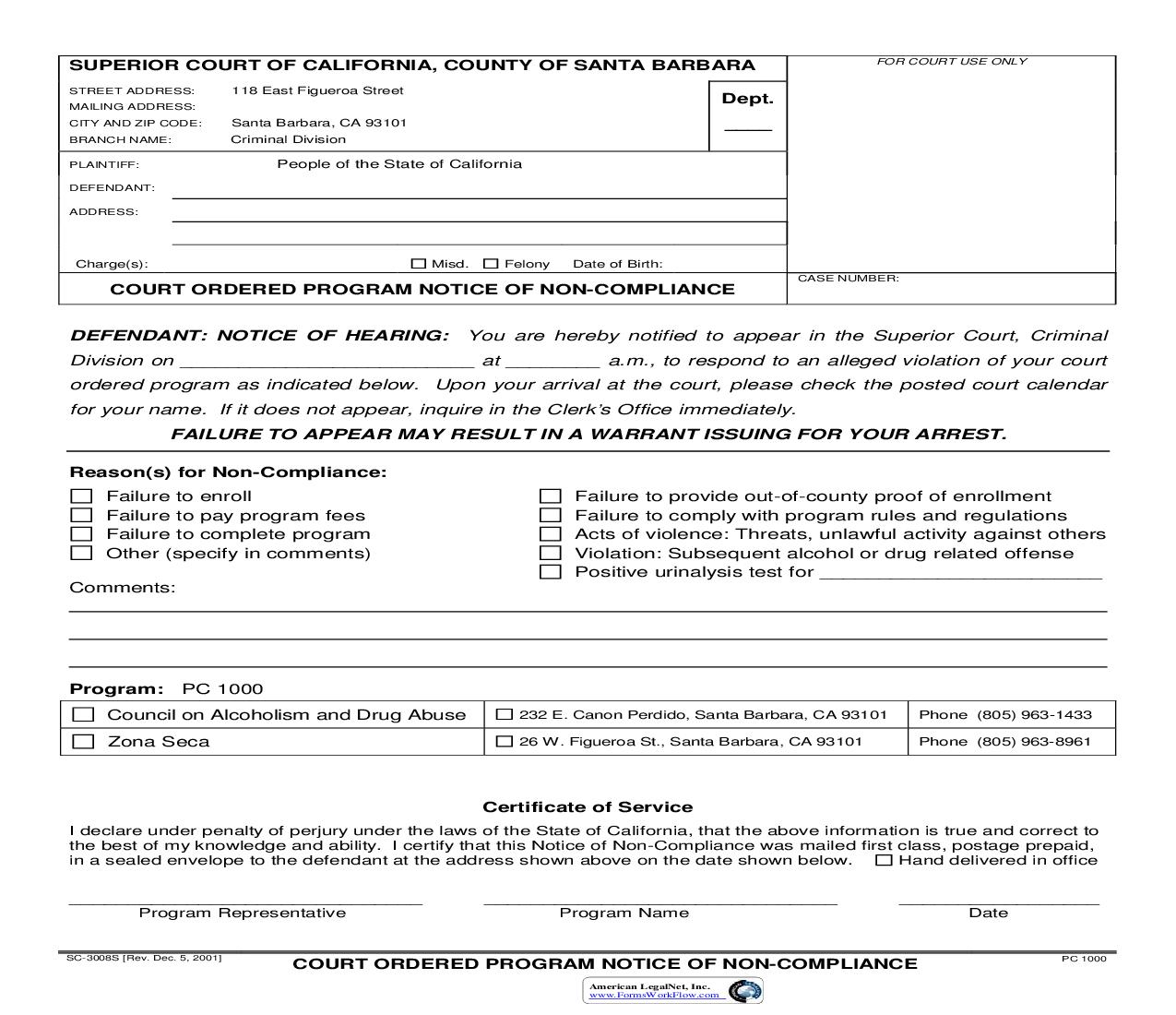 Court Ordered Program Notice Of Non-Compliance South County {SC-3008S} | Pdf Fpdf Doc Docx | California