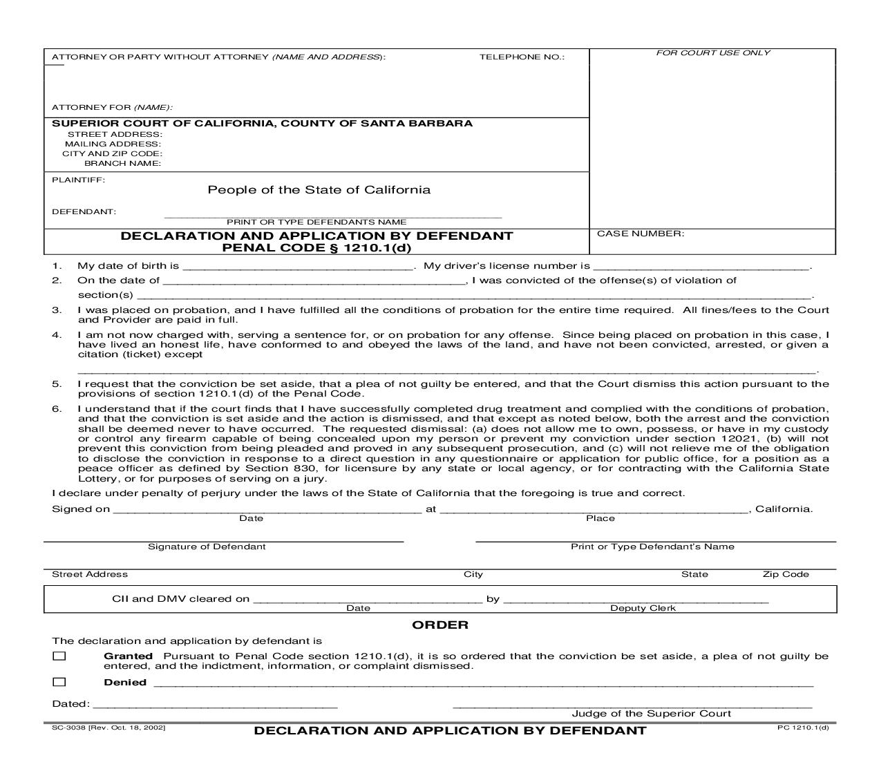 Declaration And Application By Defendant {SC-3038} | Pdf Fpdf Doc Docx | California