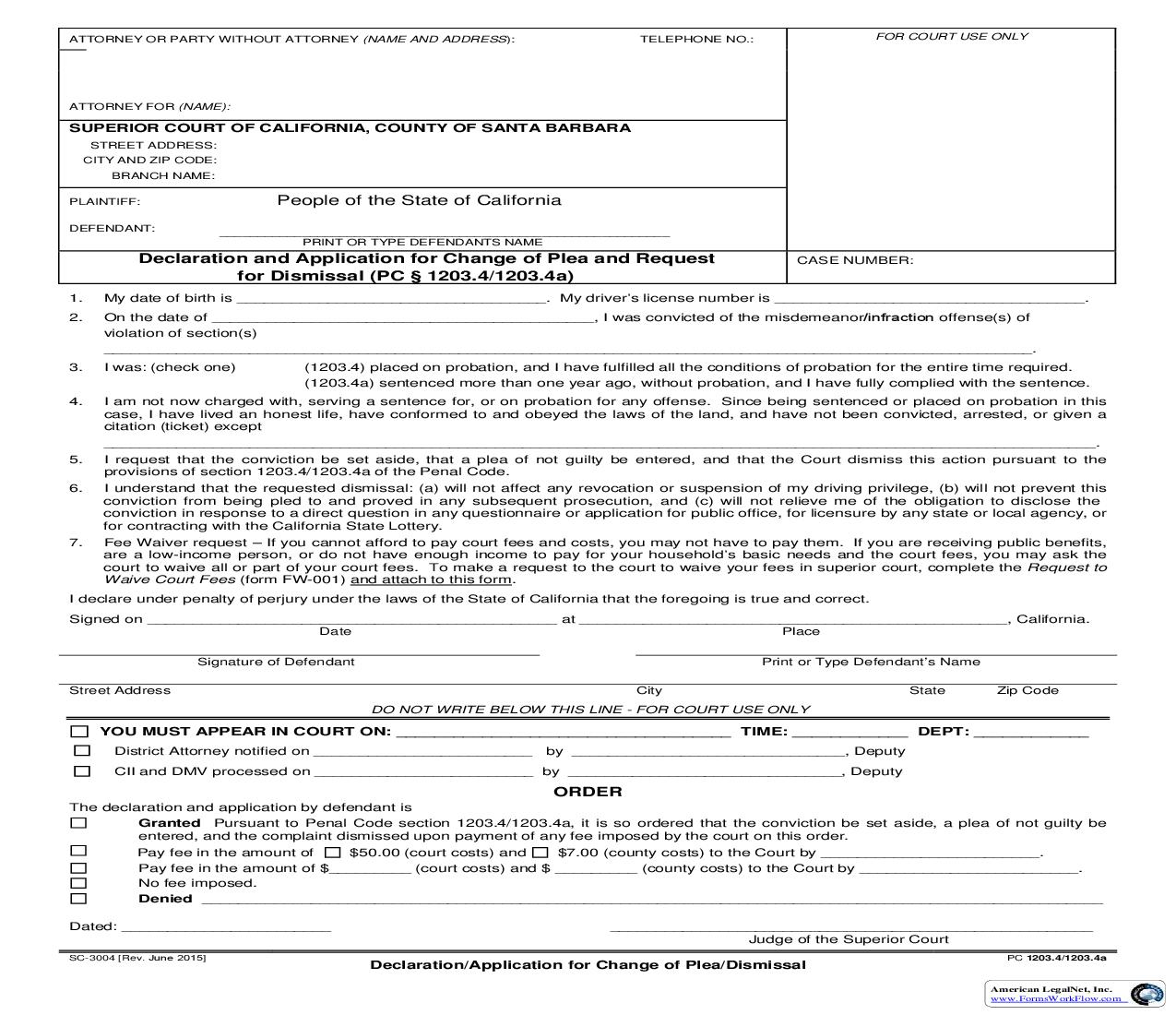 Declaration And Application By Defendant PC 1203.4-1203.4a {SC-3004} | Pdf Fpdf Doc Docx | California