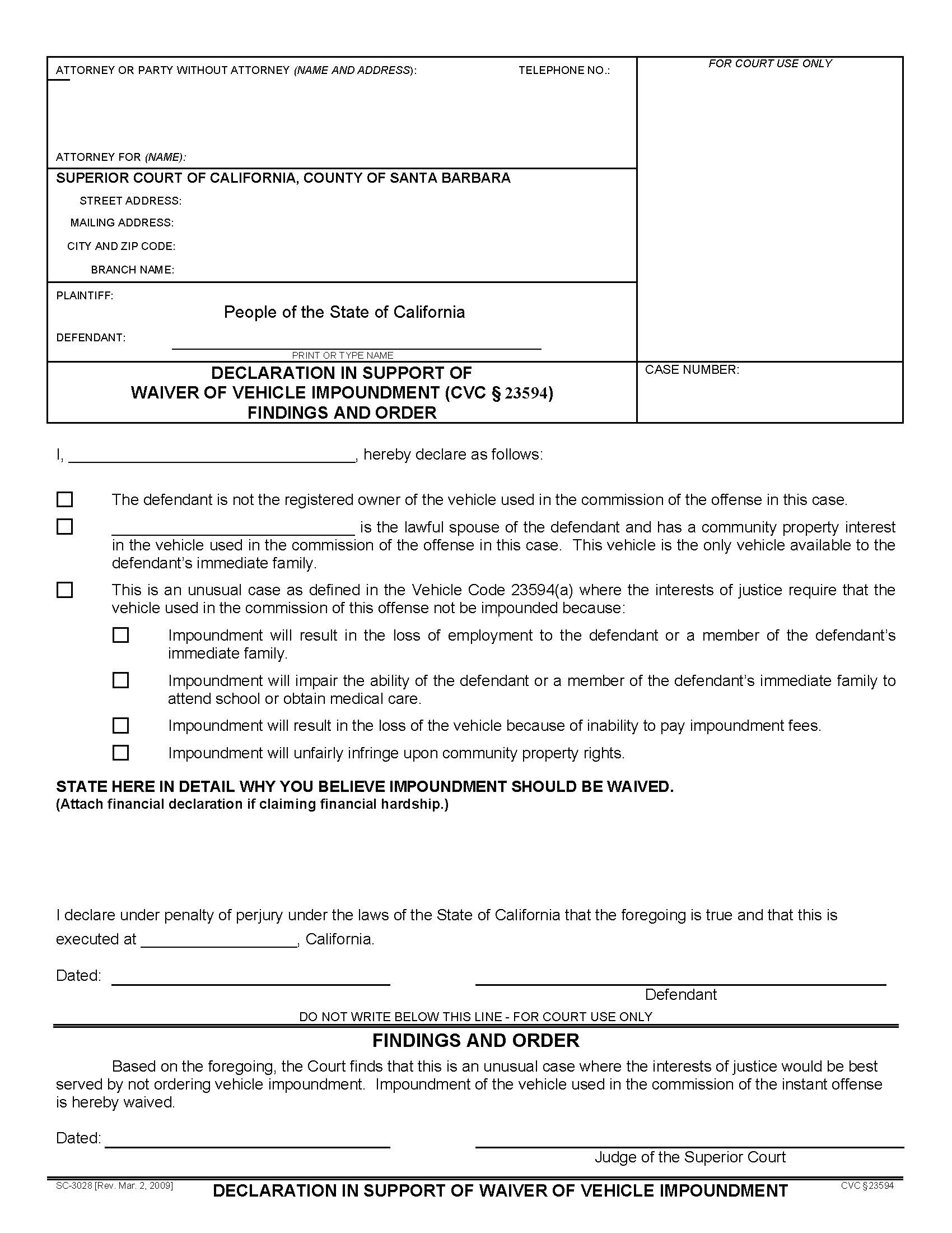 Declaration In Support Of Waiver Of Vehicle Impoundment {SC-3028} | Pdf Fpdf Doc Docx | California