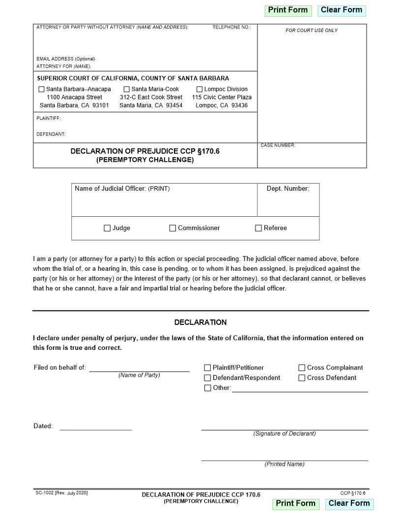 Declaration Of Prejudice CCP 170.6 Peremptory Challenge {SC-1002} | Pdf Fpdf Doc Docx | California