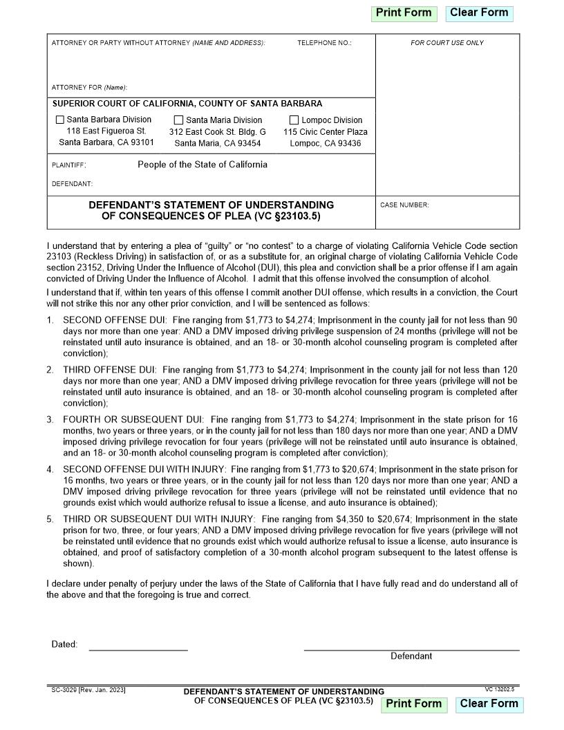Defendants Statement Of Understanding Of Consequences Of Plea CVC 23103.5 {SC-3029} | Pdf Fpdf Doc Docx | California