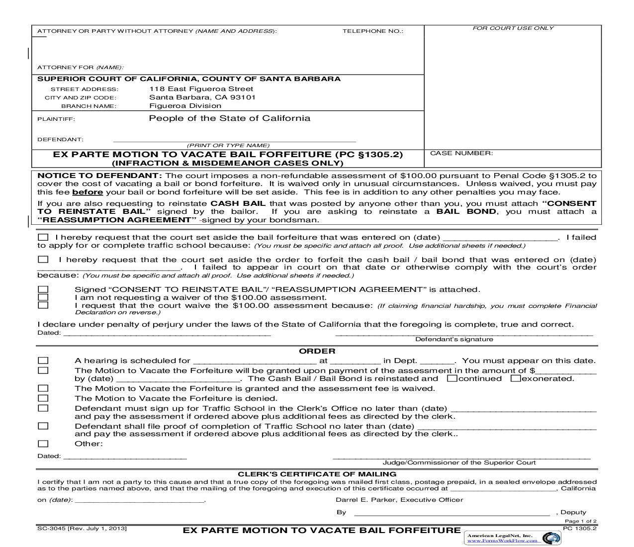 Ex Parte Motion To Vacate Bail Forfeiture (PC 1305.2) (Infraction And Misdemeanor Cases Only) {SC-3045} | Pdf Fpdf Doc Docx | California