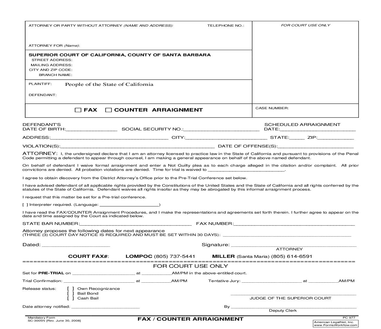 Fax-Counter Arraignment (Lomac-Miller Divisions) {SC-3005N} | Pdf Fpdf Doc Docx | California