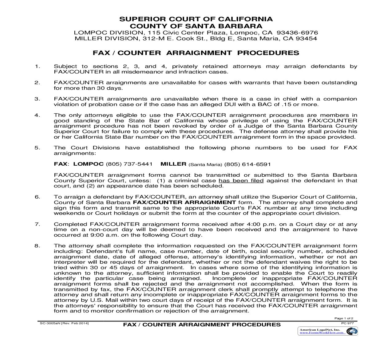 Fax-Counter Arraignment Procedures (Lomac-Miller Divisions) {SC-3005aN} | Pdf Fpdf Doc Docx | California