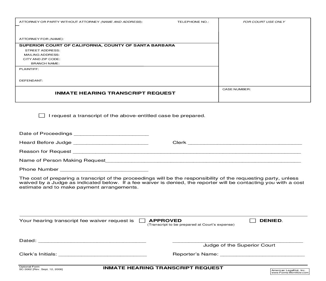 Inmate Hearing Transcript Request {SC-3062} | Pdf Fpdf Doc Docx | California