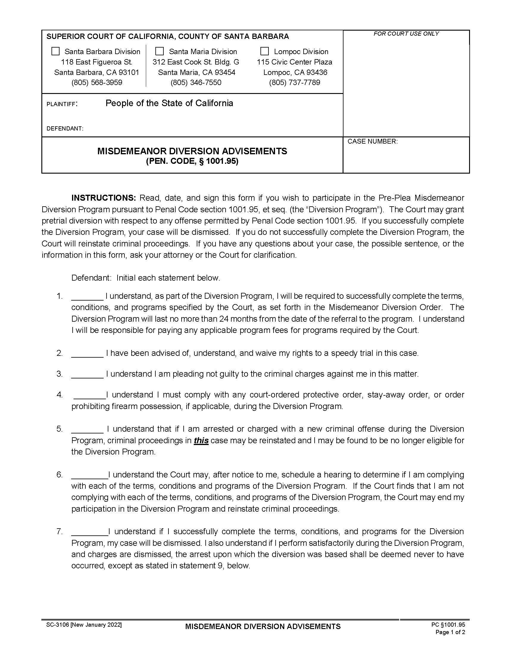 Misdemeanor Diversion Advisements {SC-3106} | Pdf Fpdf Docx | California