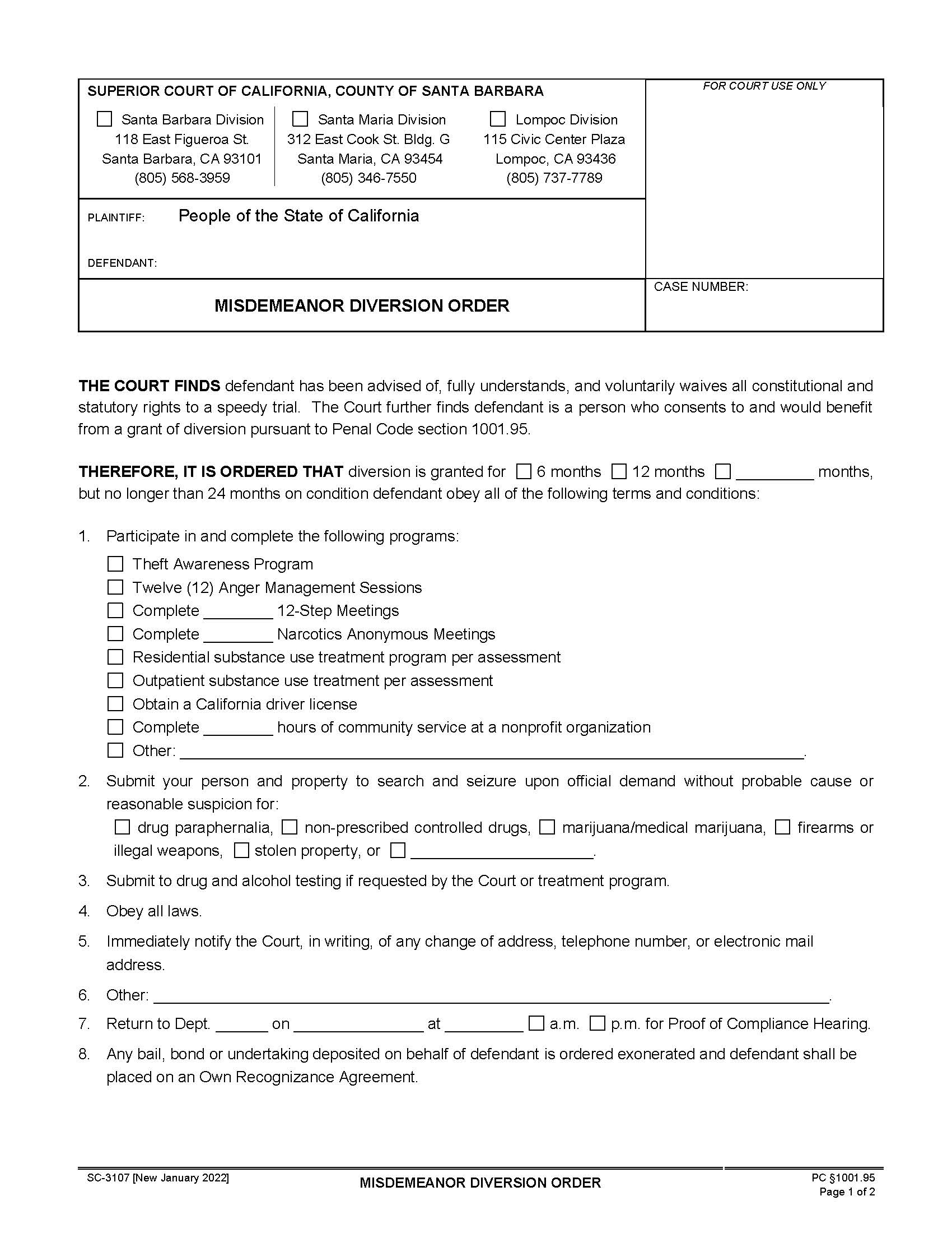 Misdemeanor Diversion Order {SC-3107} | Pdf Fpdf Docx | California