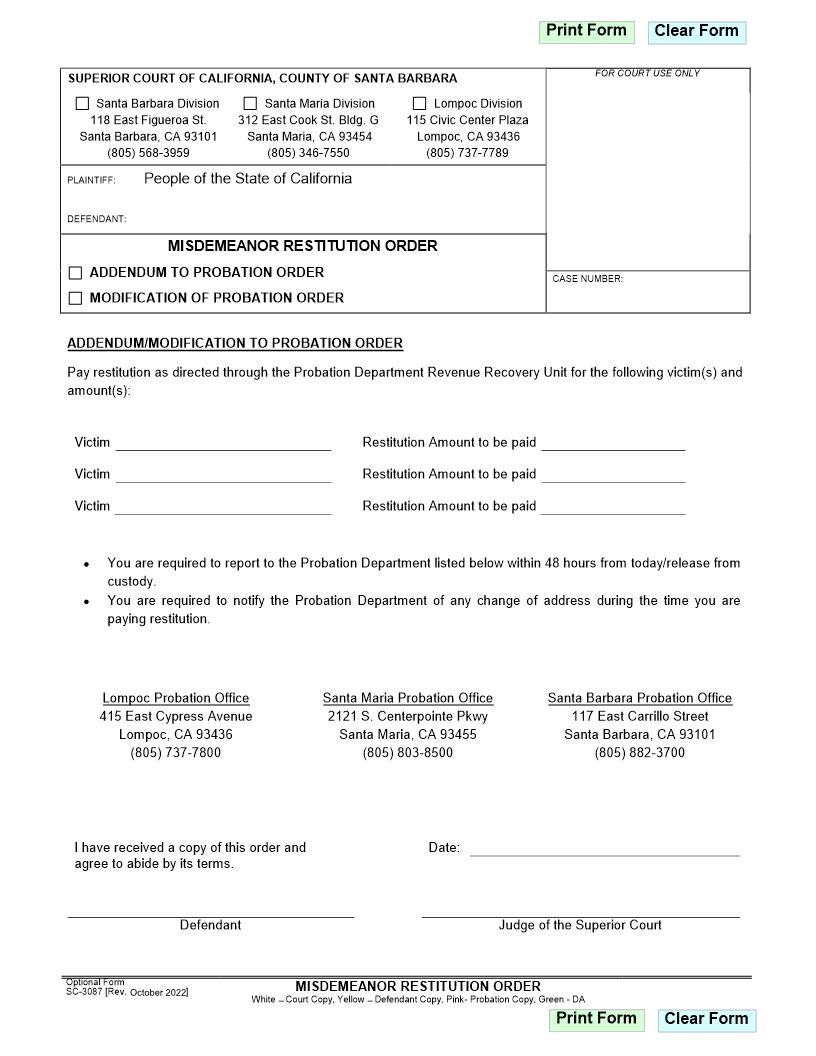 Misdemeanor Restitution Order {SC-3087} | Pdf Fpdf Docx | California
