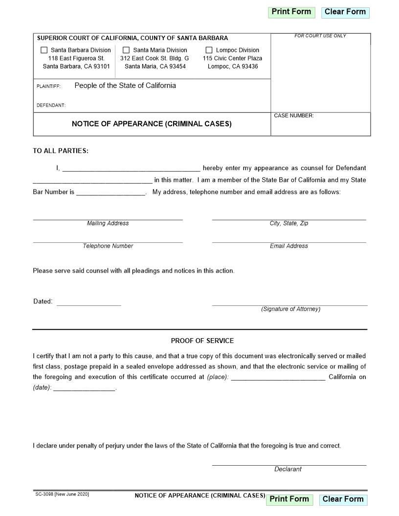 Notice Of Appearance (Criminal Cases) {SC-3098} | Pdf Fpdf Docx | California