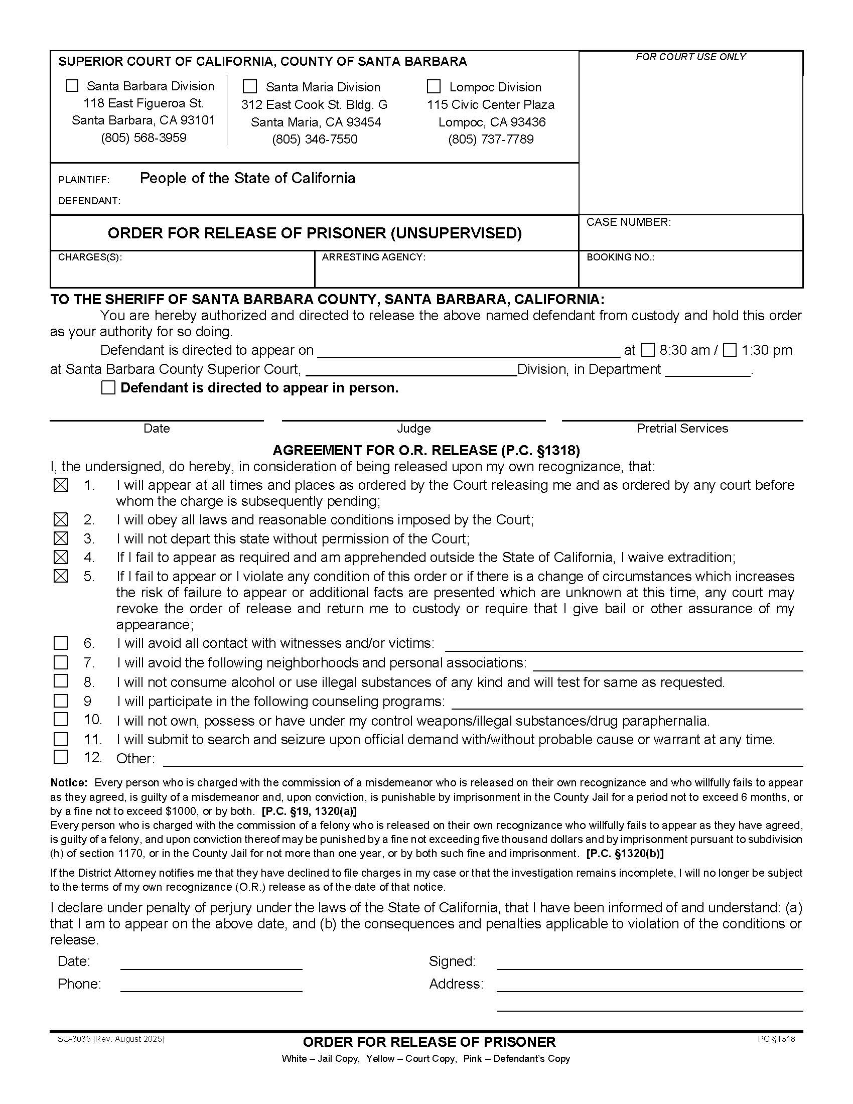 Order For OR Release (Unsupervised) {SC-3035} | Pdf Fpdf Docx | California