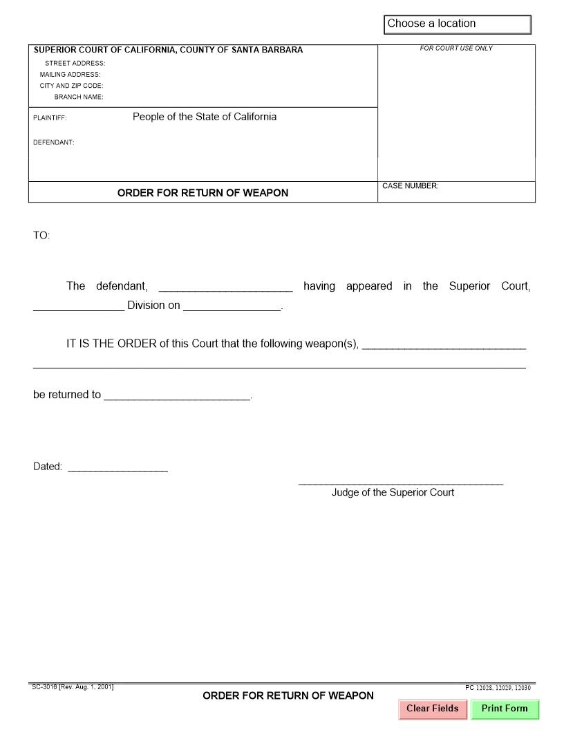 Order For Return Of Weapon (Criminal) {SC-3016} | Pdf Fpdf Docx | California