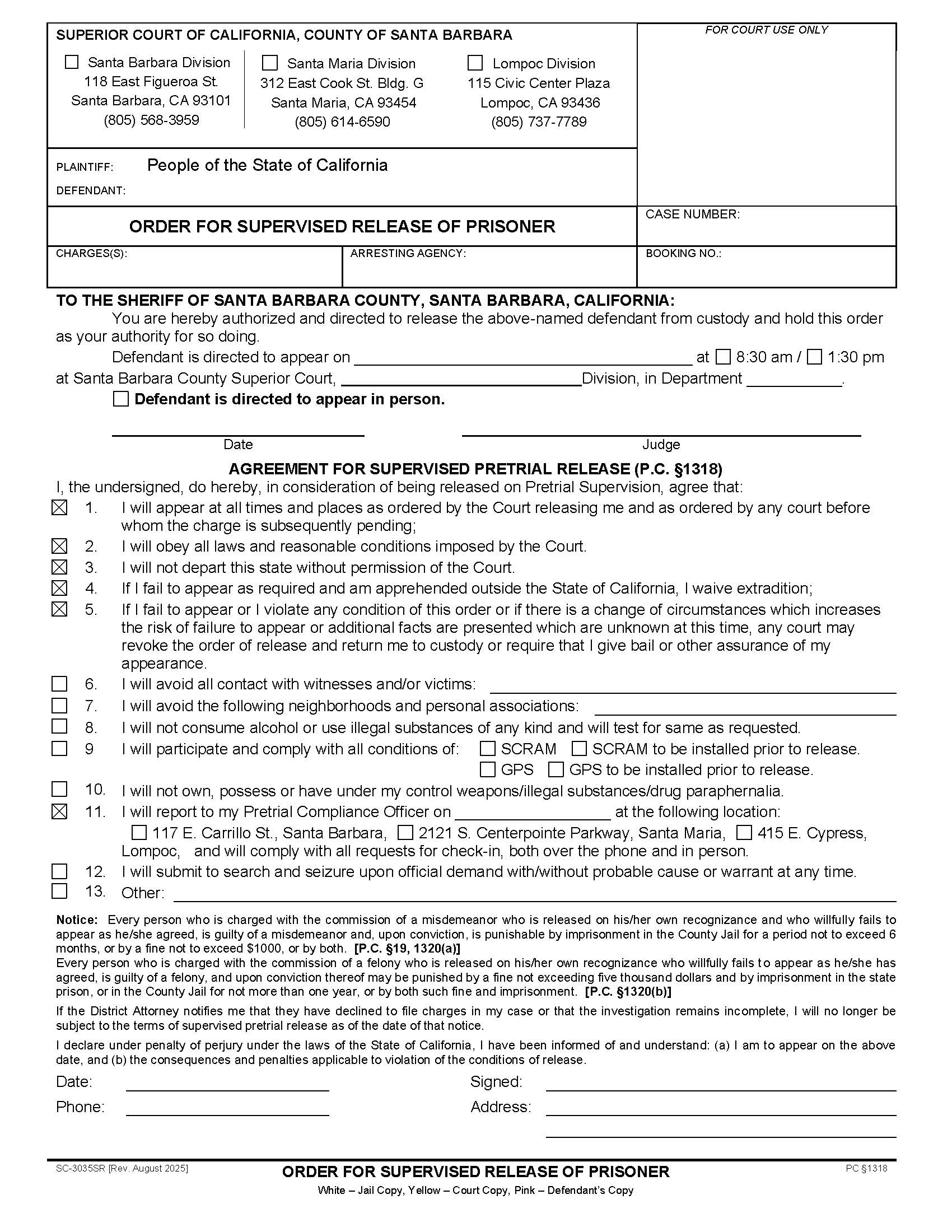Order For Supervised Release Of Prisoner {SC-3035SR} | Pdf Fpdf Docx | California
