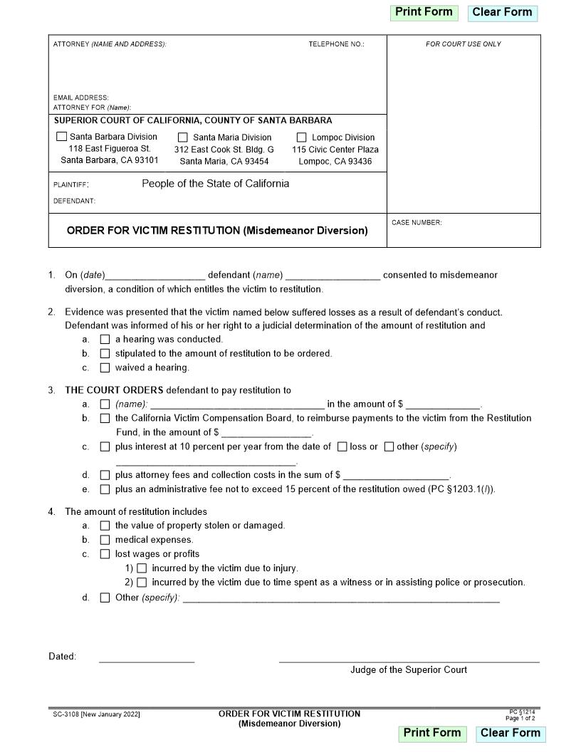 Order For Victim Restitution (Misdemeanor Diversion) {SC-3108} | Pdf Fpdf Docx | California