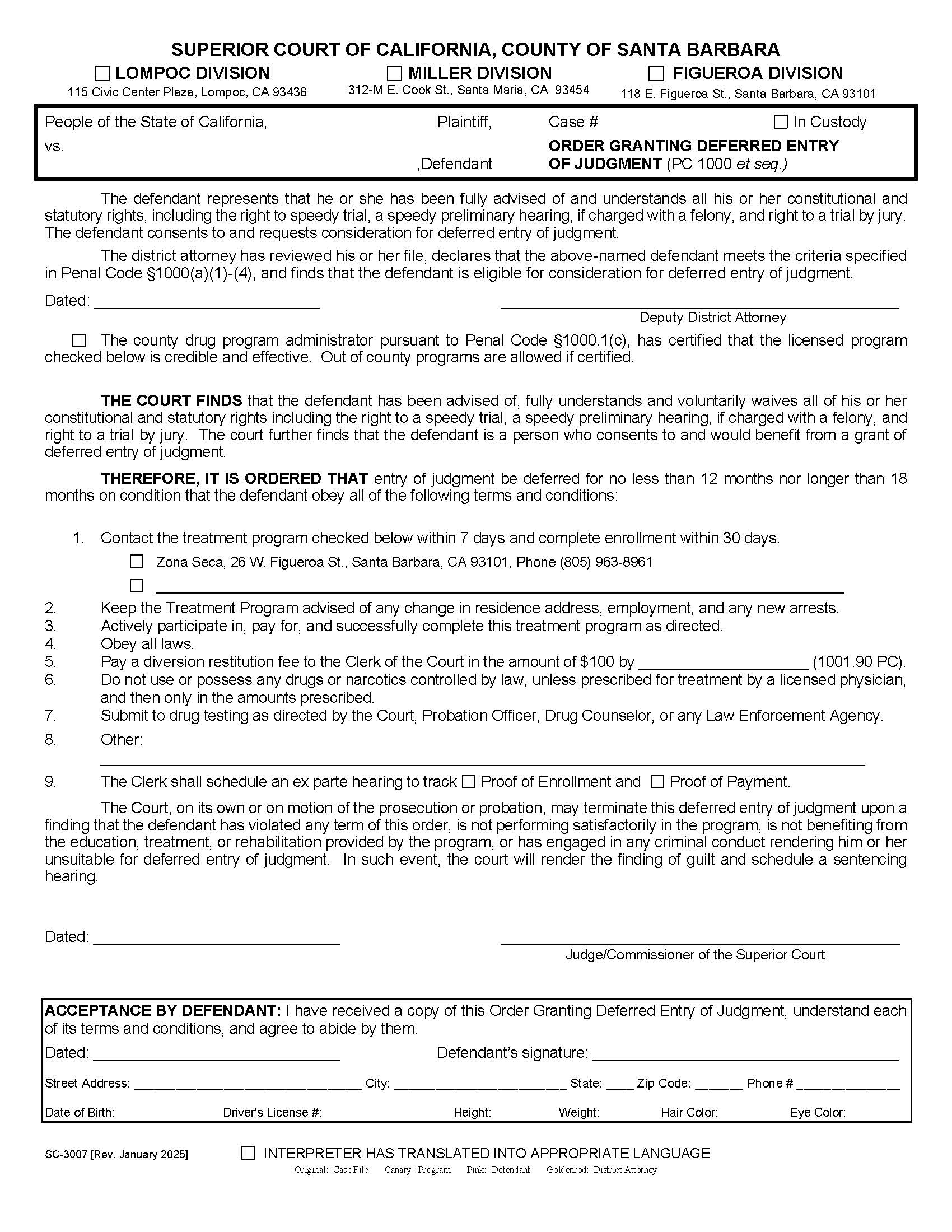 Order Granting Deferred Entry Of Judgment PC 1000 {SC-3007} | Pdf Fpdf Doc Docx | California