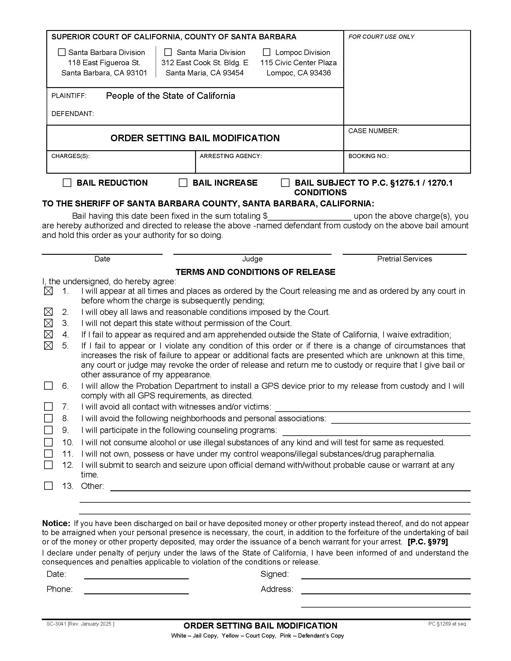 Order Setting Bail Modification {SC-3041} | Pdf Fpdf Docx | California