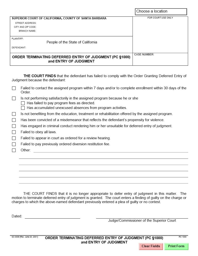 Order Terminating Deferred Entry Of Judgment (PC 1000) And Entry Of Judgment {SC-3009} | Pdf Fpdf Docx | California
