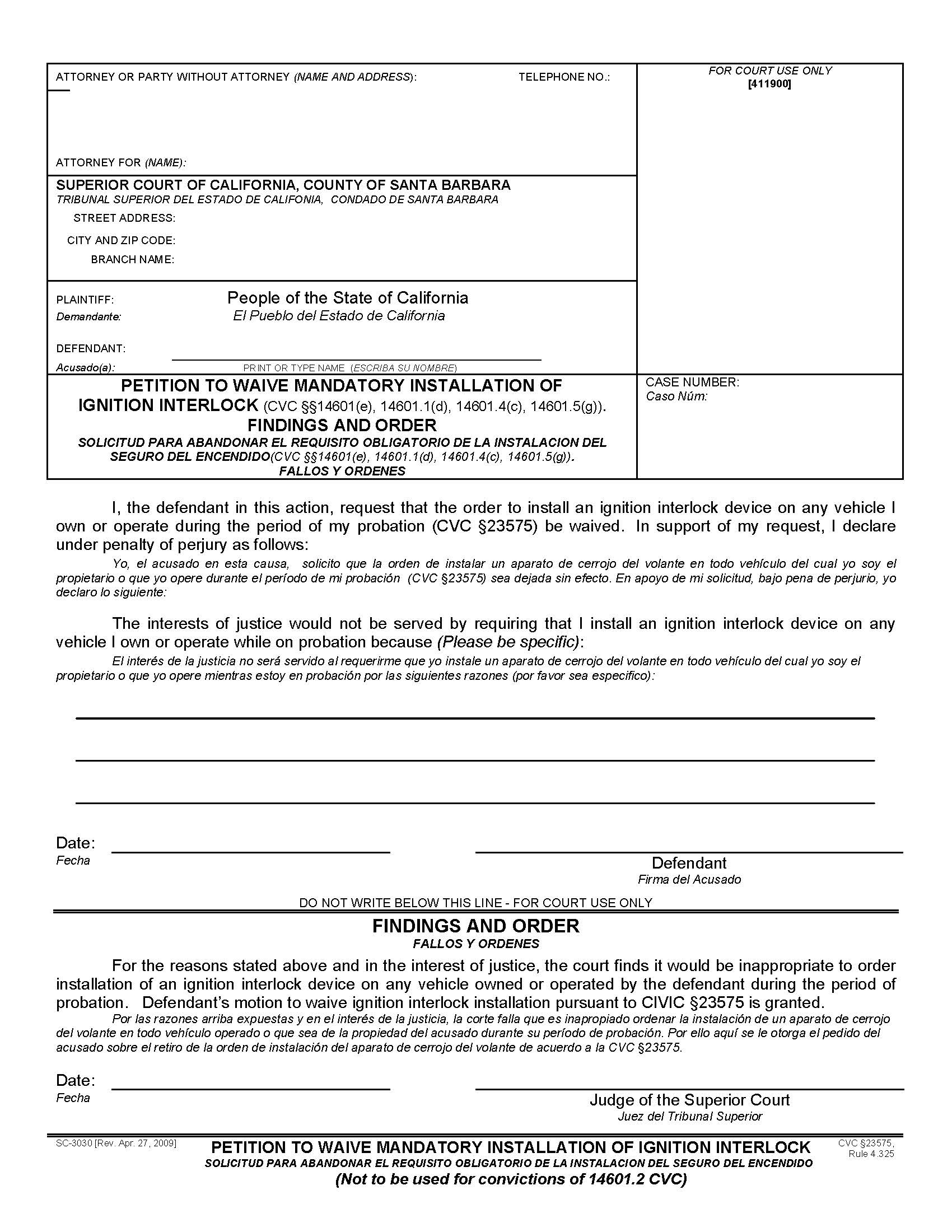 Petition To Waive Mandatory Installment Of Ignition Interlock {SC-3030} | Pdf Fpdf Doc Docx | California