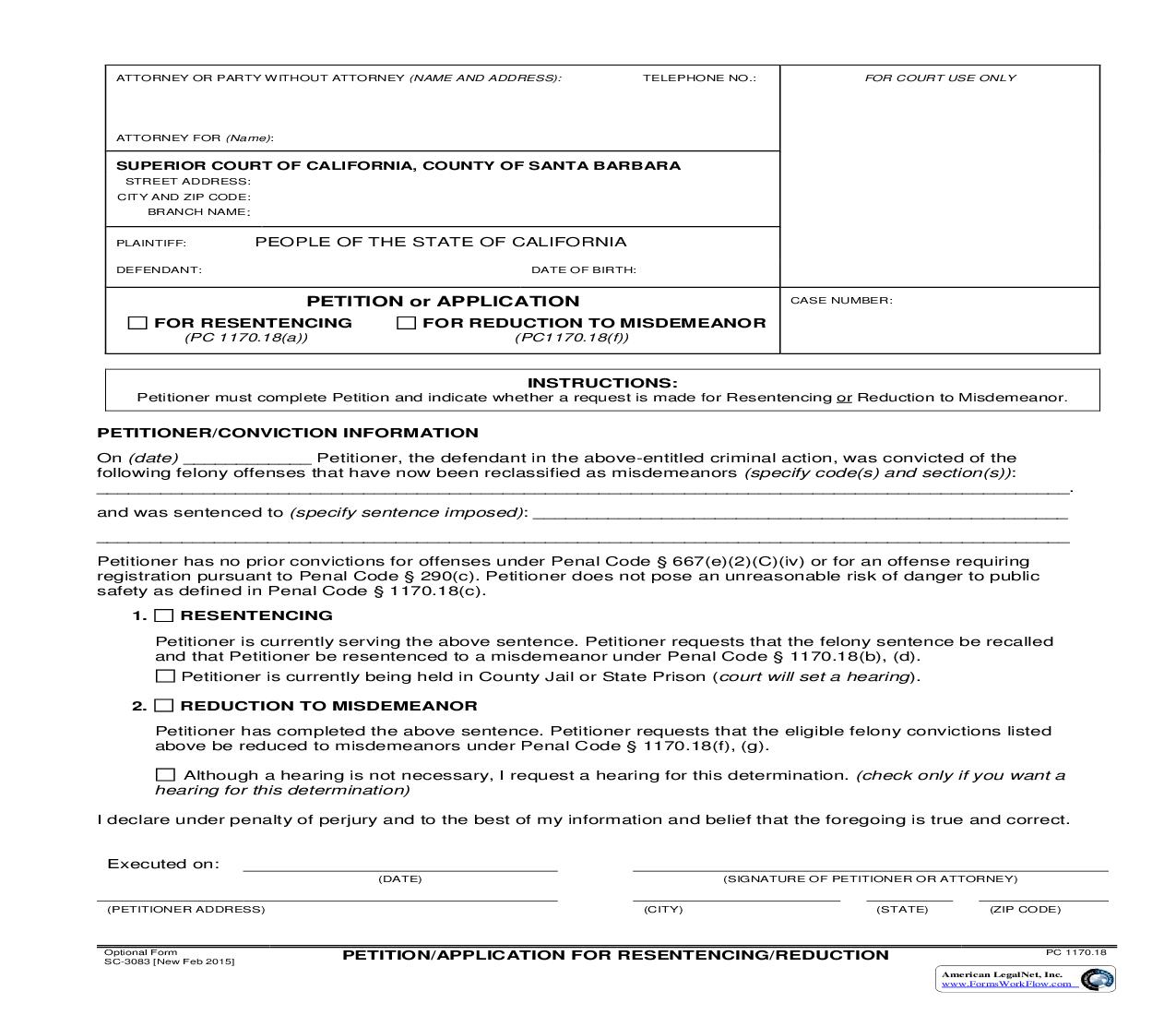 Petition-Application For Resentencing-Reduction {SC-3083} | Pdf Fpdf Doc Docx | California