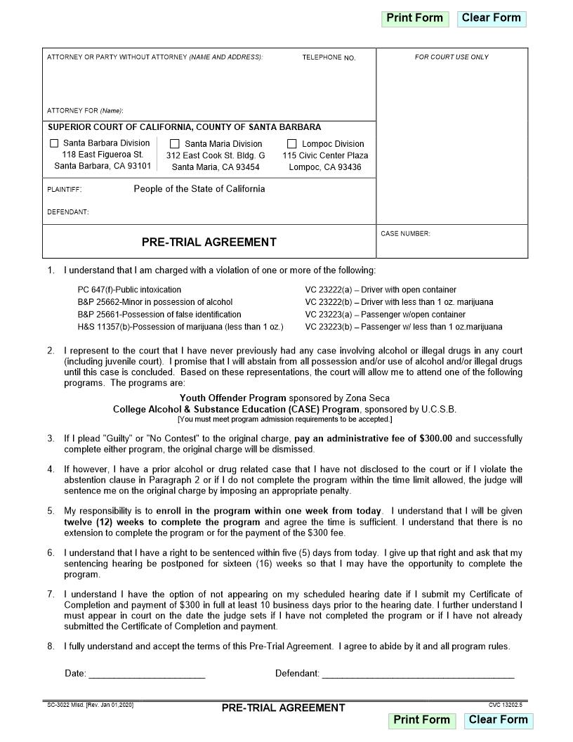 Pre-Trial Agreement (13202.5 VC) {SC-3022} | Pdf Fpdf Doc Docx | California