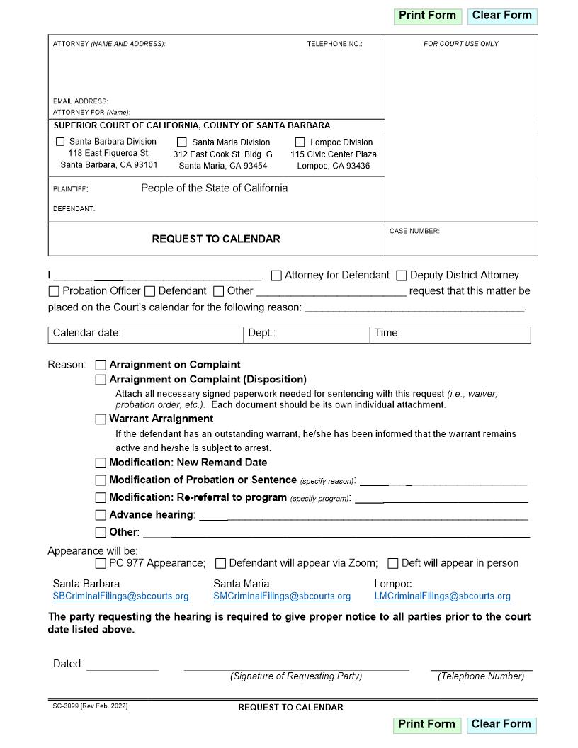 Request To Calendar {SC-3099} | Pdf Fpdf Docx | California